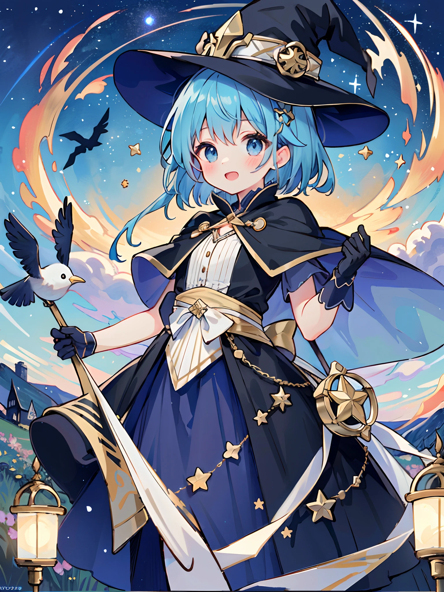 ((masterpiece:1.2, best quality)), 1girl, solo, (witch hat), a close up of a girl with short blue hair, short hair, dress, aurora, night, star (sky), gloves, sky, white dress, night sky, open mouth, starry sky, light blue eyes, ribbon, very shorthair, red dress, smile, hair ribbon, cape, blue hair, (bird), magic, casting spell, dark clouds, night, (impressionism:1.4), alphonse mucha,