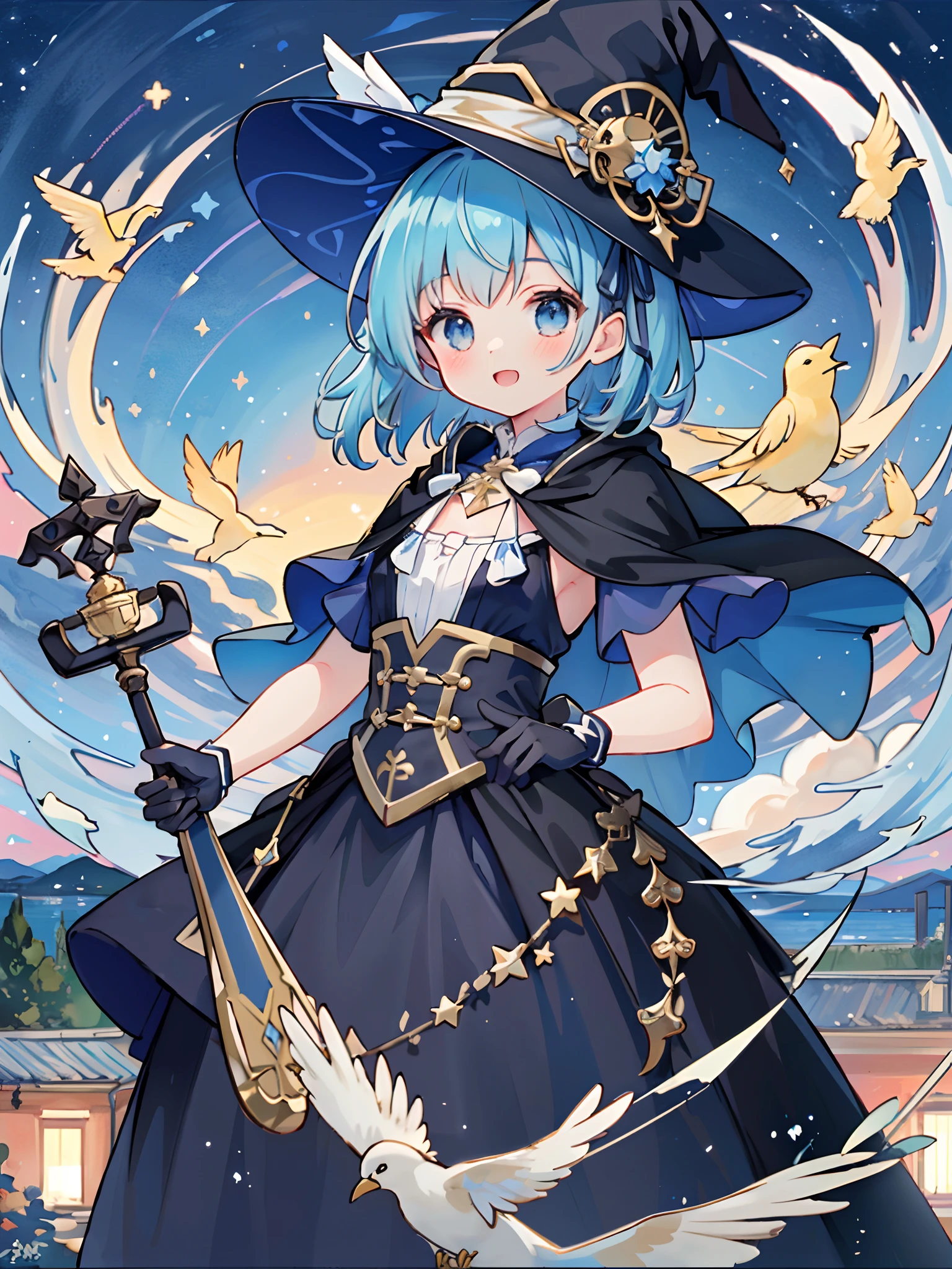((masterpiece:1.2, best quality)), 1girl, solo, (witch hat), a close up of a girl with short blue hair, short hair, dress, aurora, night, star (sky), gloves, sky, white dress, night sky, open mouth, starry sky, light blue eyes, ribbon, very shorthair, red dress, smile, hair ribbon, cape, blue hair, (bird), magic, casting spell, dark clouds, night, (impressionism:1.4), alphonse mucha,