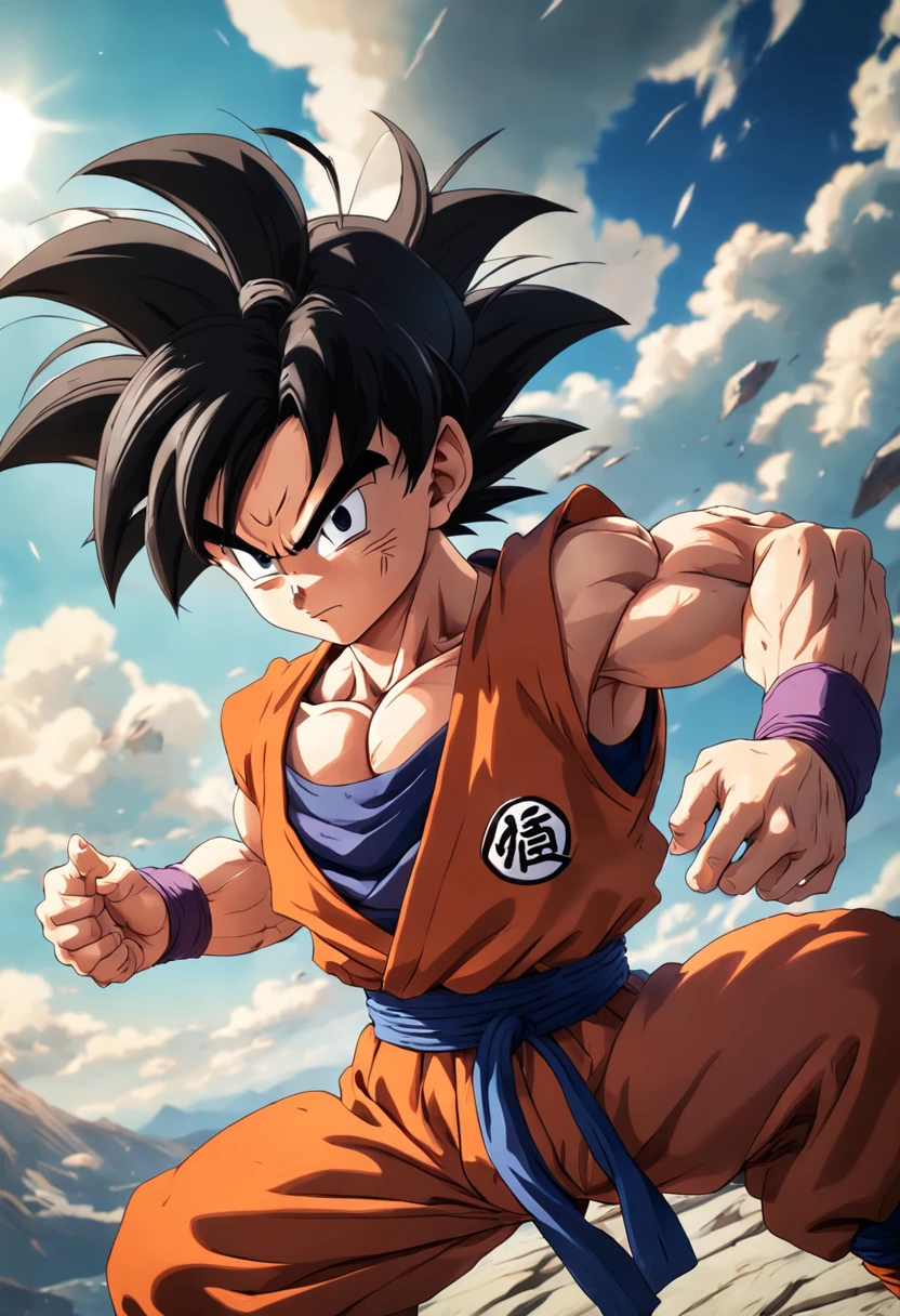 "(extremamente detalhado CG estilo, ultra-realista) Yamcha, de Dragon Ball Z, se exercitando intensamente em uma academia, sharp shadows."