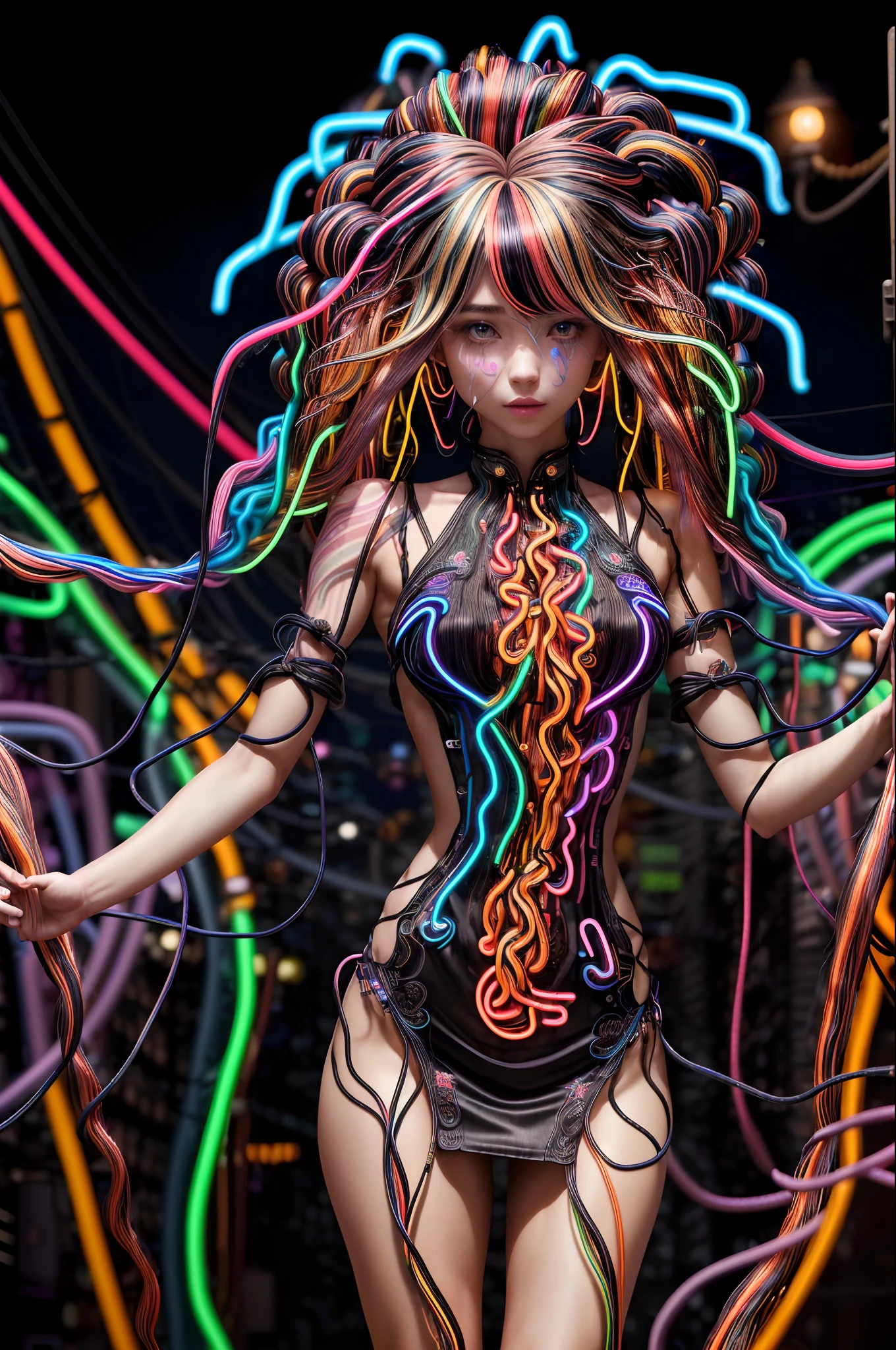 (medium shot) (womans hair is made from thin multicolored neon tendrils:1.7) (long thin multicolored neon string hair is flowing down her body), her hair made of thin multicolored neon tendrils is conforming to and covering her body forming a dress, (neon fibers:1.05), ((cables of neon strings)), scenery is cables and tech, intricate and detailed tech gear chaos, beautiful detailed glow, tentacles of thin multicolored neon strings writhing around, chaos of cables around, neon tendrils flowing, (cables and multicolored neon strings swirling around the character:1.1), (detailed:1.05), (ultra-detailed:1.1), (detailed light:1.05)