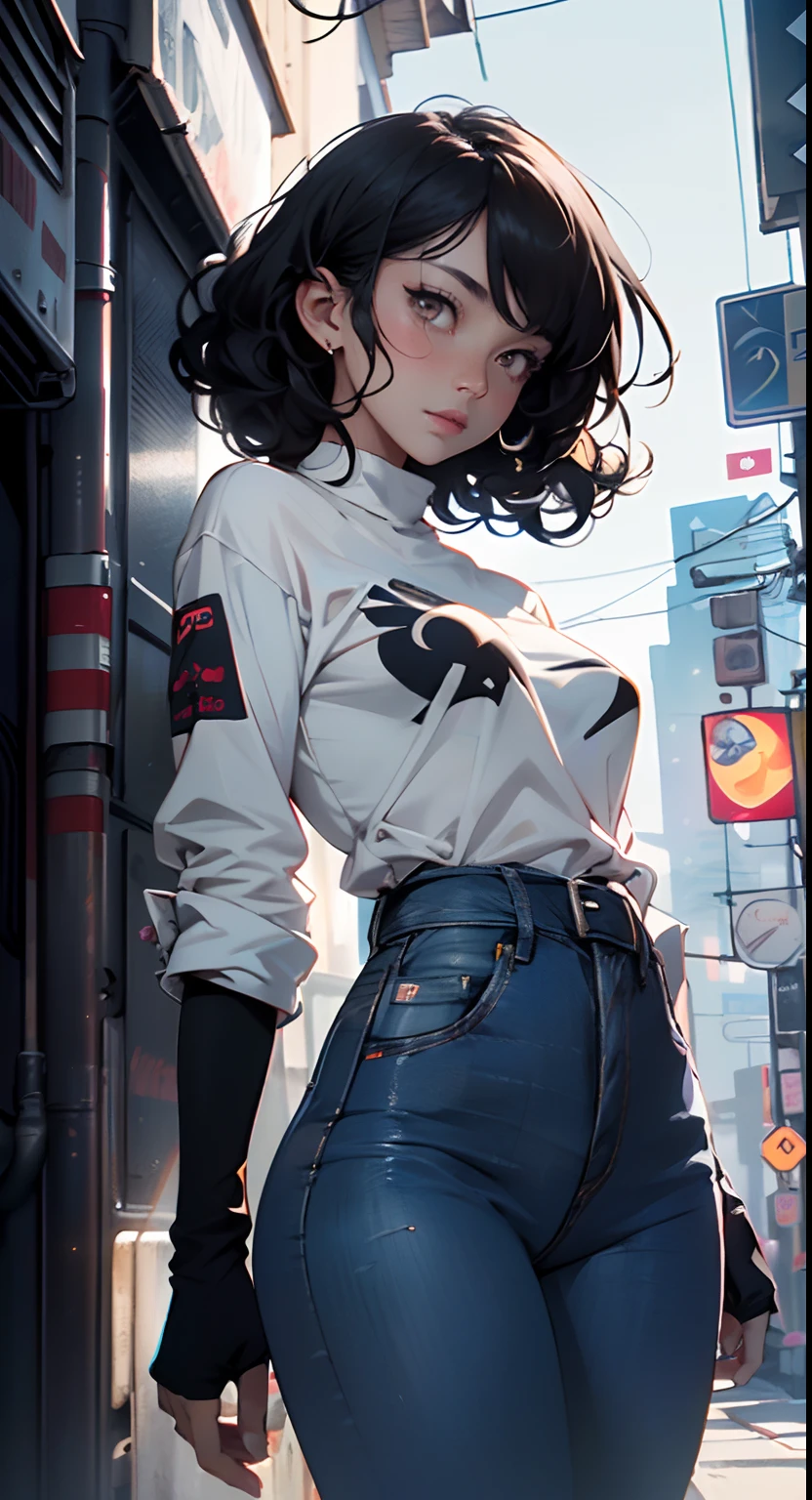 girl spacepunk,(((1girl))),((extremely cute and beautiful black curly-haired anime girl walking down the street)),

(short breasts:1.4),(((black curly hair:1.35,very curly hair,colored inner hair,ear breathing))),((brown eyes:1.3,upturned eyes:1.3,perfect eyes,beautiful detailed eyes,rainbow glows ultra-detailed deep gold brown eyes:1.1,gradient eyes:1,finely detailed beautiful eyes:1,symmetrical eyes:1,big highlight on eyes:1.2)),((fat)),(((lustrous skin:1.5,bright skin: 1.5,skin tanned,shiny skin,very shiny skin,shiny body,plastic glitter skin,exaggerated shiny skin))),delicate detailed fingers,detailed body,detailed arms,human hands,detailed hands,),

cute,

(gray shirt with an orange squid print,blue denim pants),(detailed outfit,detailed clothes),

(dynamic pose:1.0),solo focus,embarrassed,centered,scale to fit dimensions,Rule of thirds,

outdoors,(cyberpunk Background: 1.5,detailed background:1.25),

(Isometric: 1.0),double exposure,(masterpiece,best quality:1.3),(highres:1.5),absurdres,ultra detailed,cinematic light,realistic,ultra-realistic,high contrast,extraordinarily nice,vibrant colors,(intricate),HDR (High Dynamic Range),Ray Tracing,NVIDIA RTX,Super-Resolution,Unreal 5,Subsurface dispersion,PBR texture,Post-processing,Anisotropic filtering,Depth of field,Maximum clarity and sharpness,Multilayer textures,Albedo and specular maps,Surface shading,Accurate simulation of light-material interaction,Octane Render,Two-tone lighting,Wide aperture,Low ISO,White balance,8K RAW,Saturation boost,