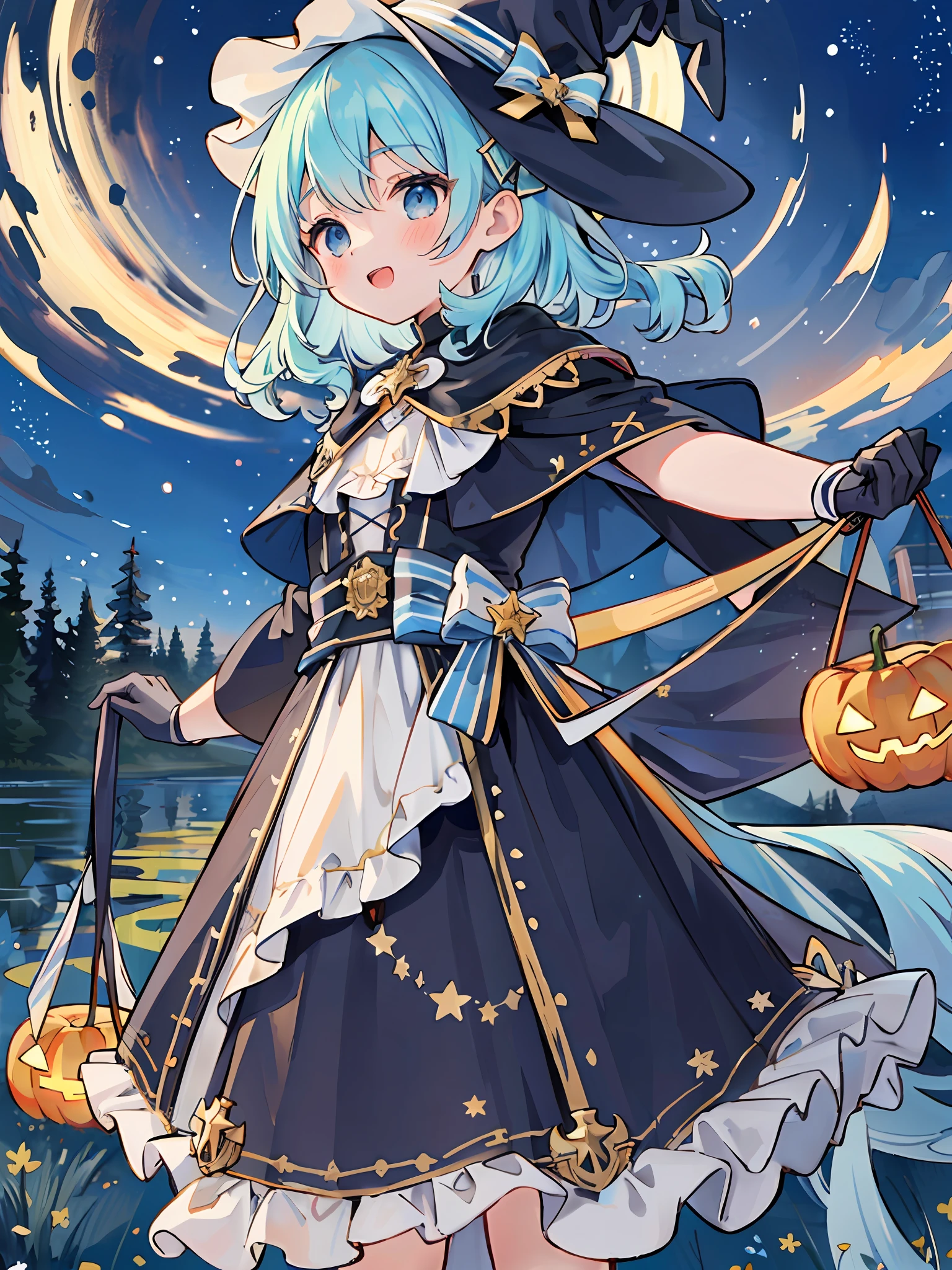((masterpiece:1.2, best quality)), 1girl, solo, (witch hat), a close up of a girl with curly hair, dress, aurora, night, star (sky), gloves, sky, dress, night sky, open mouth, starry sky, light blue eyes, ribbons, smile, cape, blue hair, magic, casting spell, night, (impressionism:1.4), alphonse mucha, Halloween colors, colorful candy