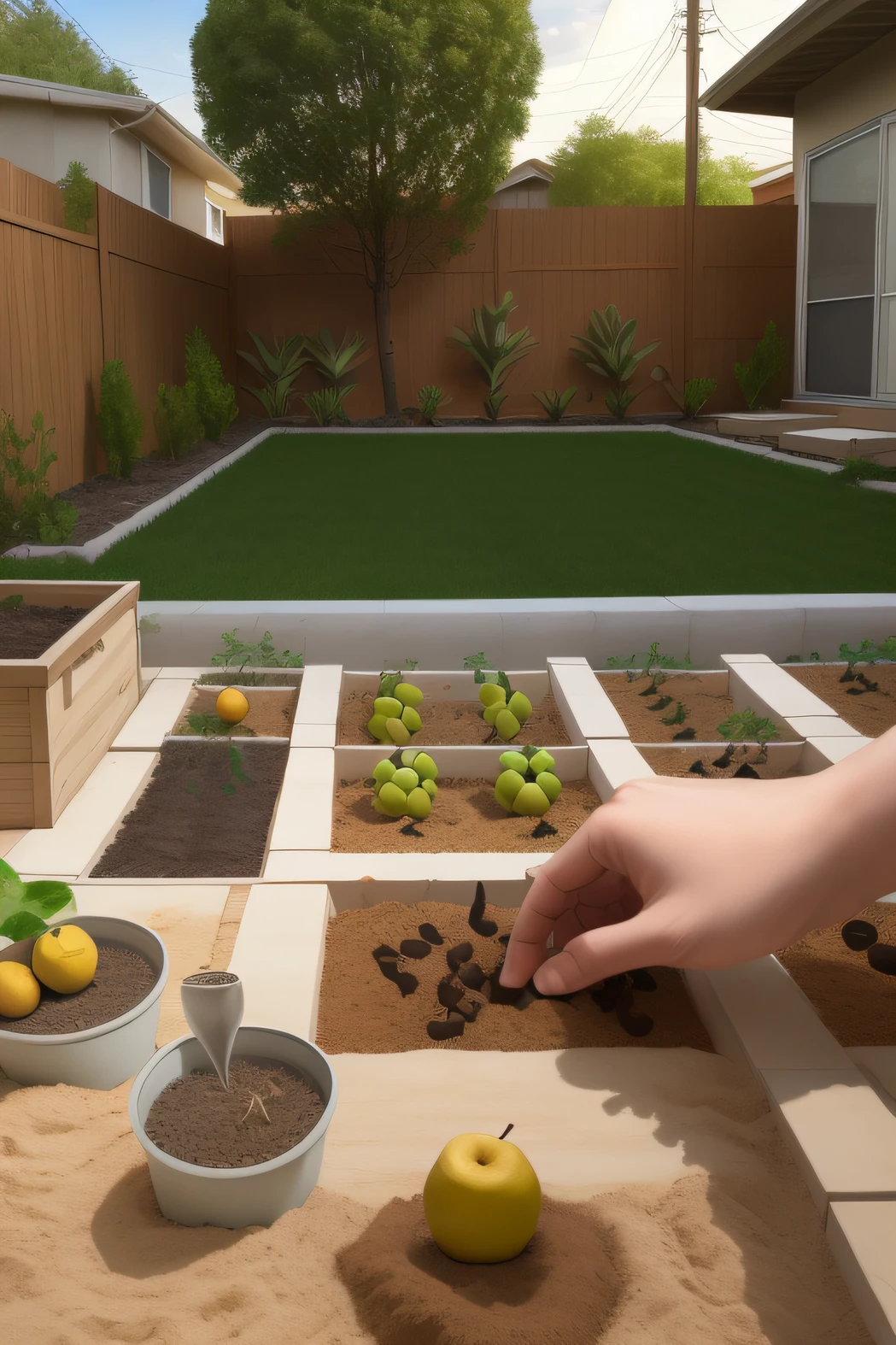 planting various fruits and seeds and elements in the backyard of a house