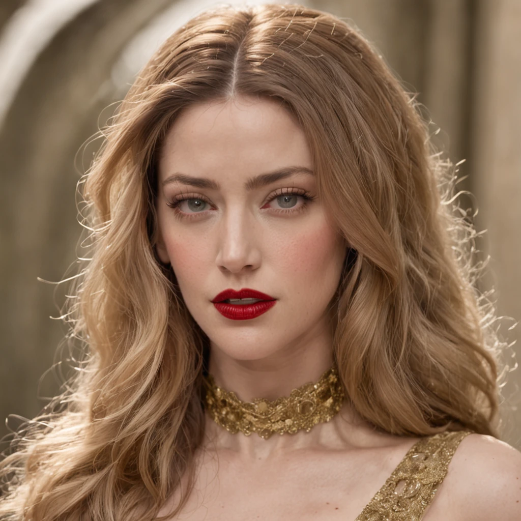 um close up de uma mulher com cabelo comprido e um vestido, Âmbar Heard, amber heard as captain america, with parted lips and stunning, with very thin lips, mulher mais bonita da terra, mas um olhar severo sobre ela, both have red lips, taken in the early 2020s, parted hair, wide golden eyes and red lips