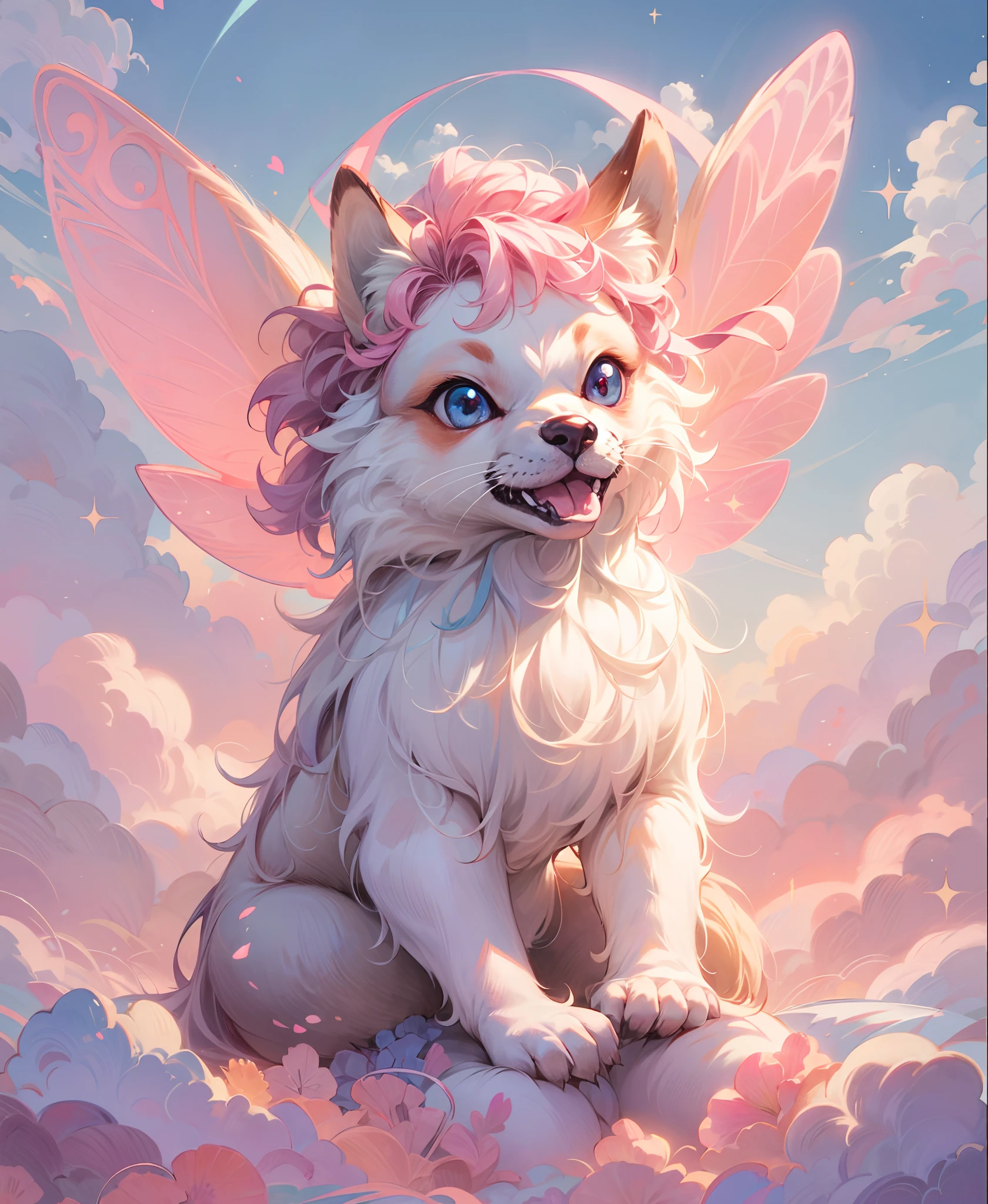 "Cute foxy fairy with beautiful glowing fairy wings, in a cute cloud world of a magical realm, surrounded by many small adorable fox fairies, against a backdrop of a pink and blue colored sky. A masterpiece in ultra HD."