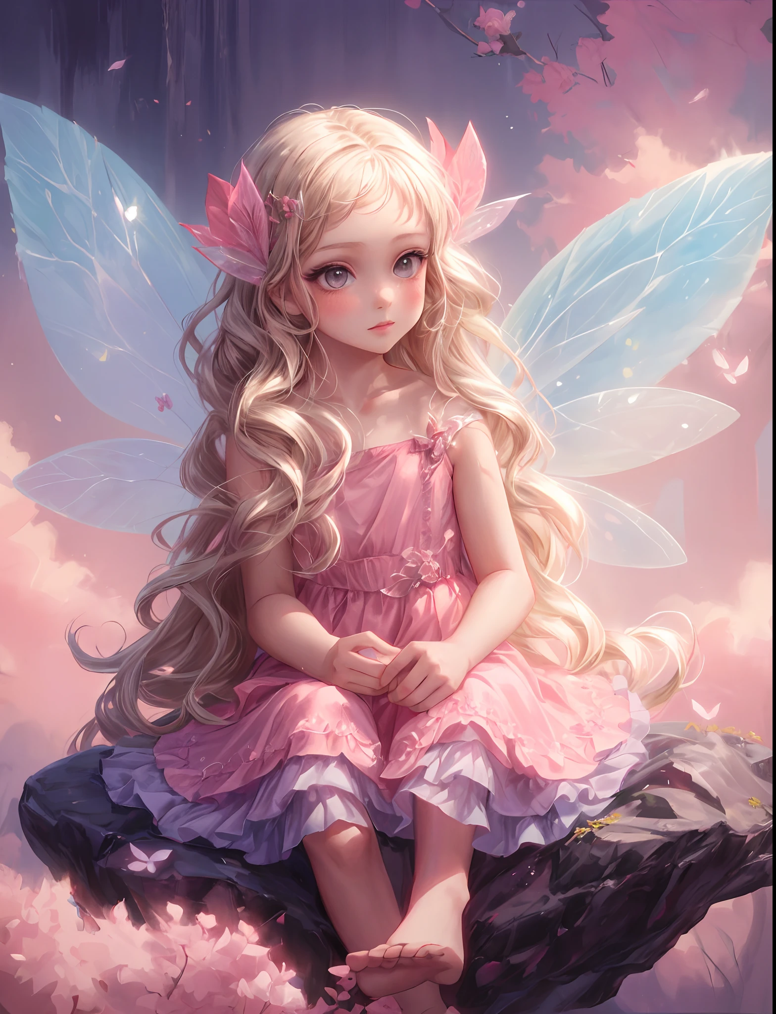 painting of a little girl dressed in a pink dress sitting on a rock, beautiful fairy, portrait of fairy, beautiful fairies, portrait of a fairy, beautiful fairie, fairy princess, beautiful adult fairy, portrait of fairy princess, of an beautiful angel girl, fairy magnificent, fairy, adorable digital painting, cute digital art, beautiful angel, faerie, by Marie Angel