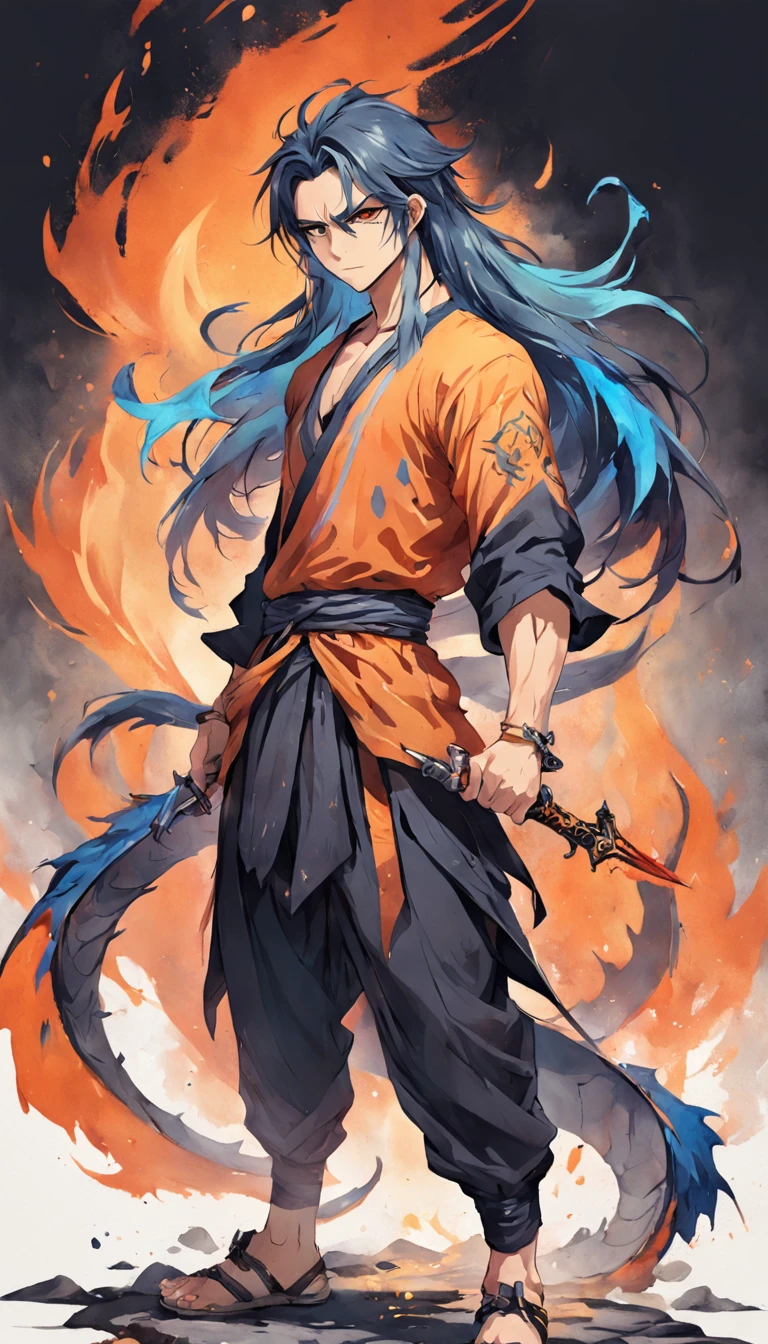 T-shirt design, illustration watercolor, center art, fierce dragon background, watercolor painting style, ))) Mohamed Ramadan, free fire,Ramadan_ (free fire), weapon, 1man, solo, male focus, sword, scale grey, ponytail, long hair, manly, fierce, holding, face scar, upper body, incredibly strong, rita rossweisse, gothic colors, tension horror mood, Artlist_Milli-Liter, watercolor style, ink style, style sketch, hand-painted lines, border line, ink mark, pencil line, vivid colors, super realistic, textured skin