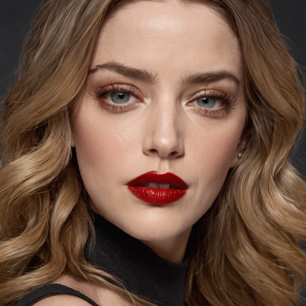 um close up de uma mulher com cabelo comprido e um vestido, Âmbar Heard, amber heard as captain america, with parted lips and stunning, with very thin lips, mulher mais bonita da terra, mas um olhar severo sobre ela, both have red lips, taken in the early 2020s, parted hair, wide golden eyes and red lips, pelada