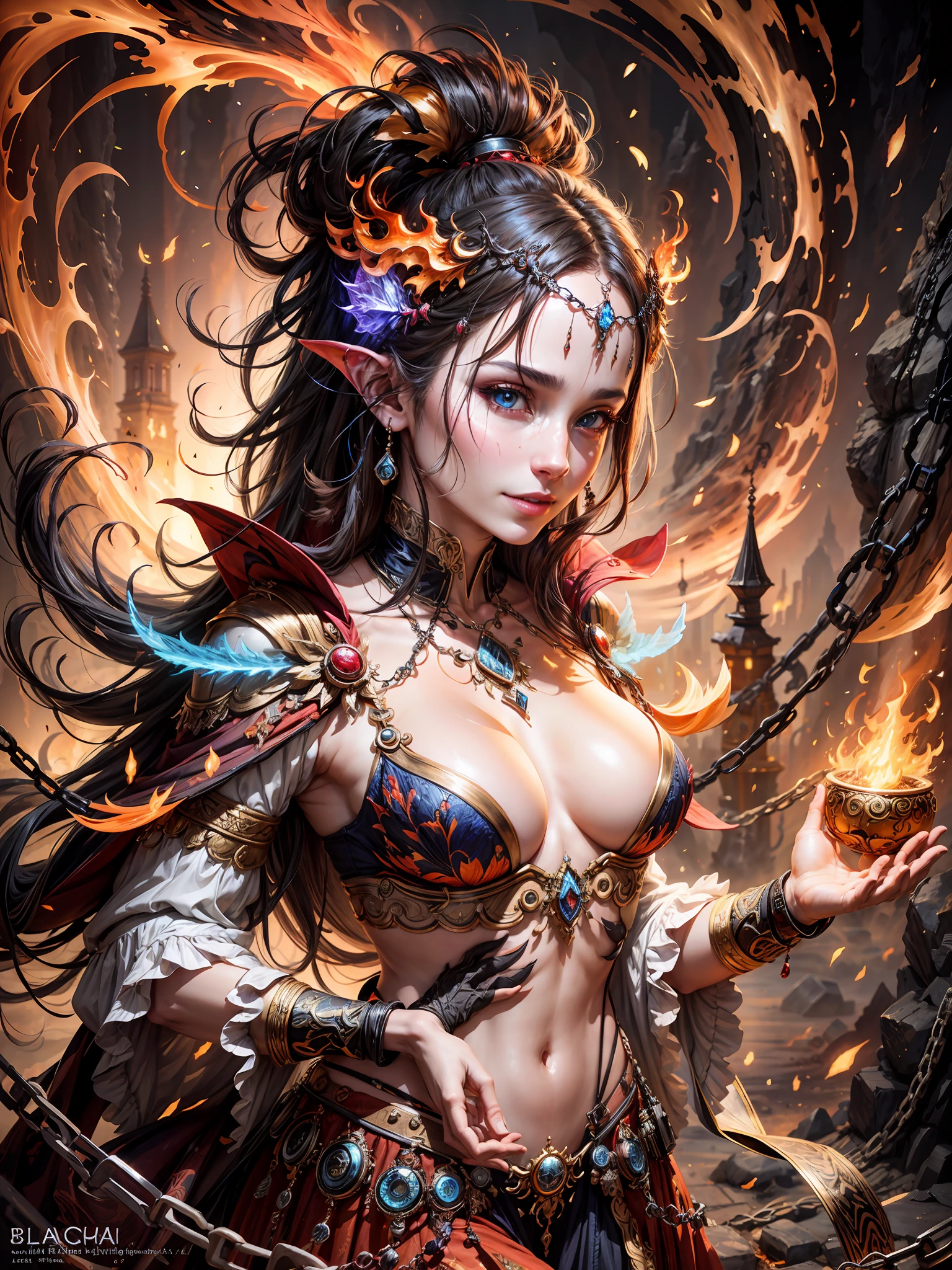 a beautiful demonic sorceress conjuring fire, various burning chains around her,(((detailed perfect face))),light smile, beautiful face, seductive body,tall body, mature body, BREAK burning aura, fire balls, orange and yellow spark dazzling around, small blue phoenix flying in the background, lava on the ground, magma, sexy body BREAK,Detailed,Realistic,4k highly detailed digital art,octane render, bioluminescent, BREAK 8K resolution concept art, realism,by Mappa studios,masterpiece,best quality,official art,illustration,ligne claire,(cool_color),perfect composition,absurdres, fantasy,focused,rule of thirds,