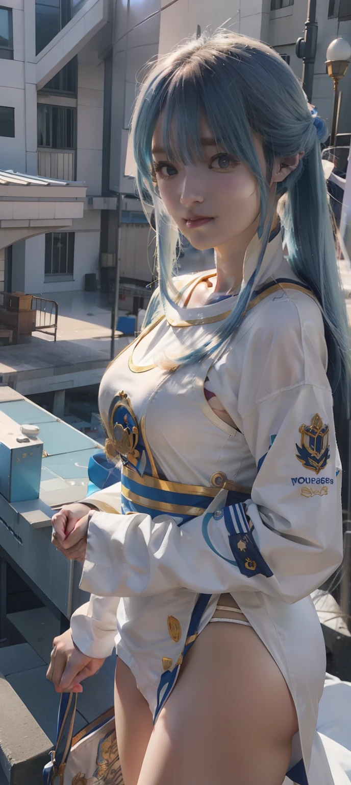 Close-up of a girl with long blue hair in a sailor's costume, an anime drawing inspired by Rei Kamoi, trending on pixiv, tachisme, Anime girl cosplay, Anime girl in real life, long white hair, Perfect white haired girl, She has a cute face, anime-inspired, She has milky white skin!!!, as an anime character,Super big breasts,exposed