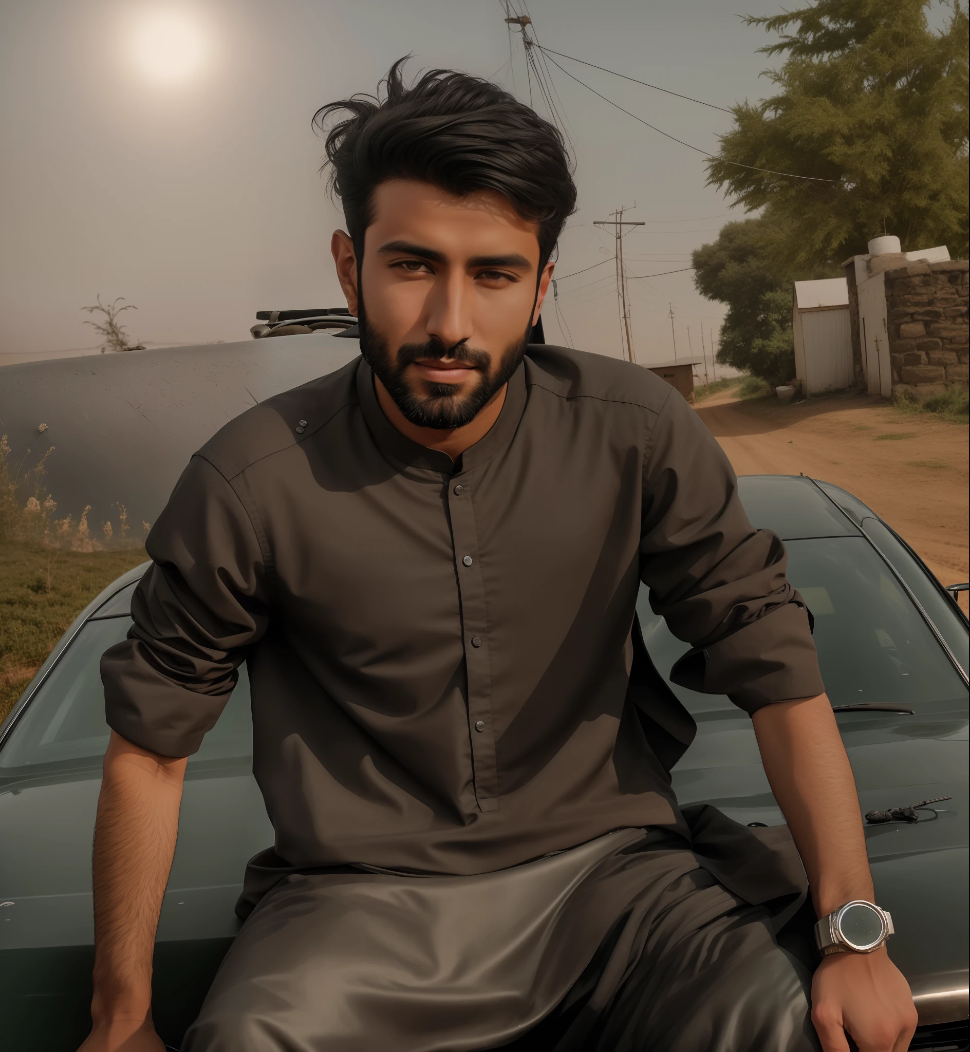 arafed man sitting on the hood of a car in a rural area, khyzyl saleem, ash thorp khyzyl saleem, kyza saleem, by Riza Abbasi, very very low quality picture, handsome man, inspired by Amir Zand, sayem reza, profile picture 1024px, ruan ji