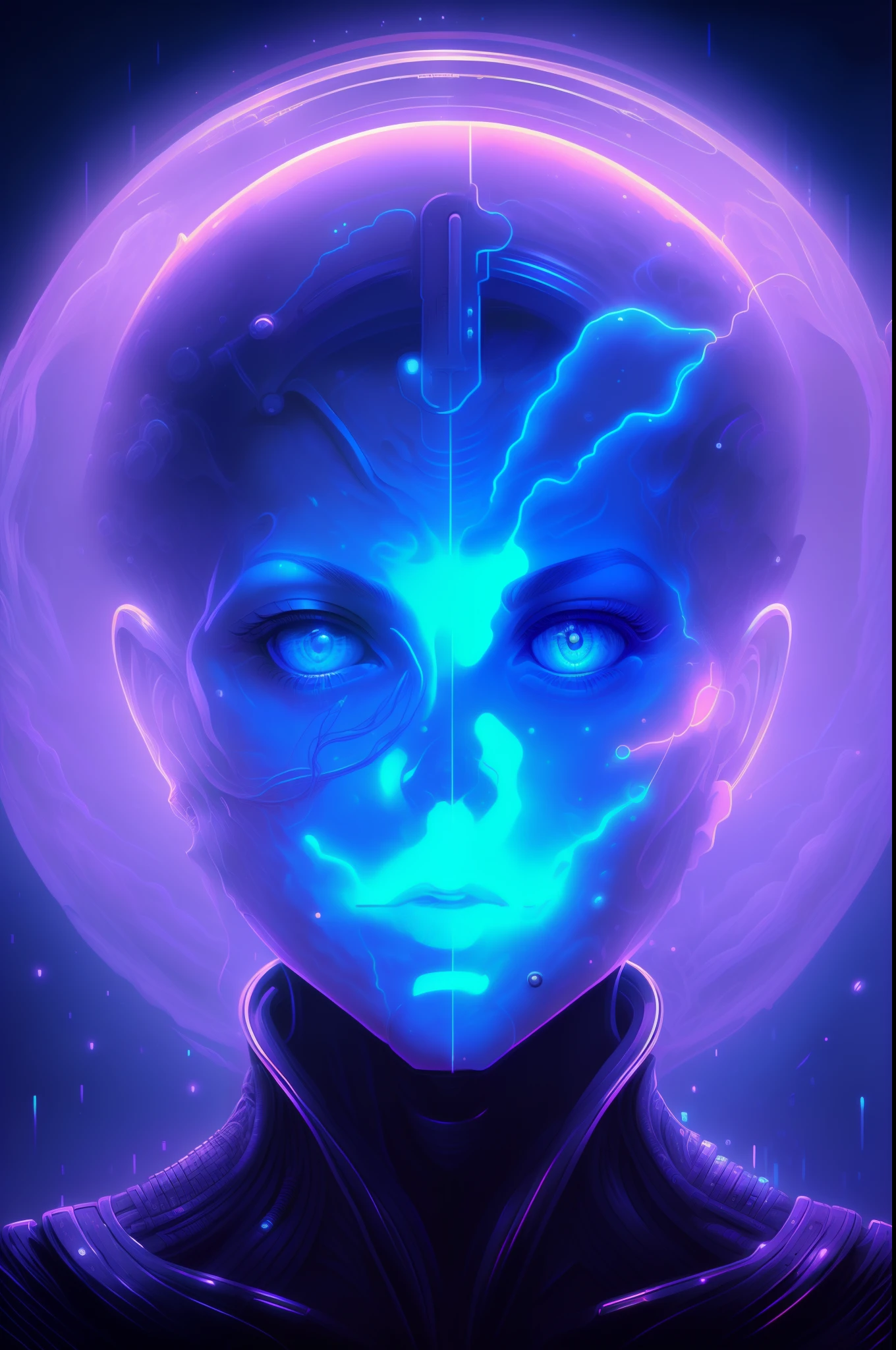 a closeup of a person with a bright head and a bright face, detailed glowing head, symmetrical portrait scifi, Atraente Sci - Fi-Face, rosto azul brilhante, retrato da de glowwave, Retrato de um ciborgue espacial, retrato bonito sci - fi girl, sci-fi face, sci - cara de fi, Retrato de uma mulher sci - fi
