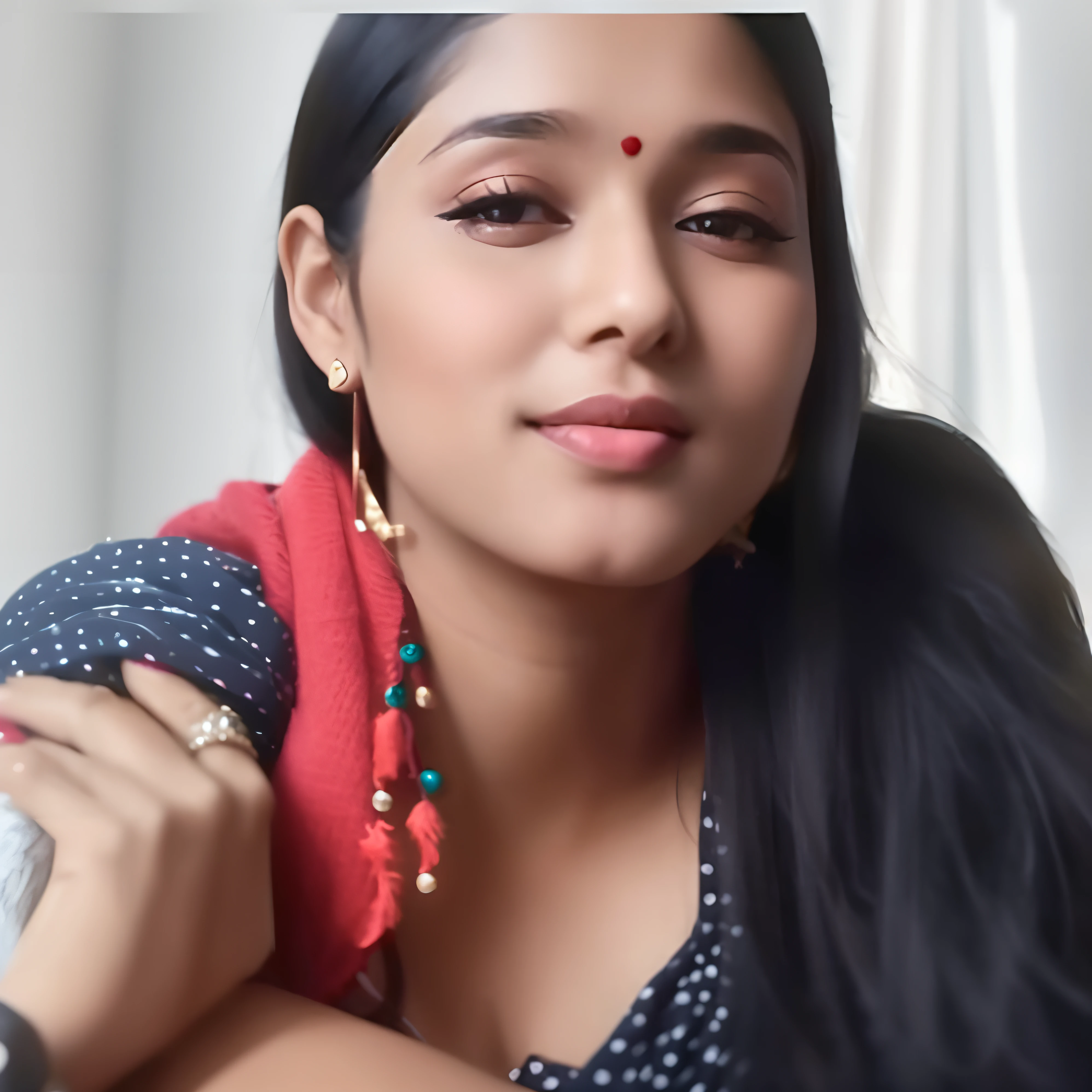 there is a woman with long black hair and a red scarf, indian, inspired by T. K. Padmini, indian girl with brown skin, desi, with lovely look, 30 years old woman, 3 0 years old woman, woman model, tiktok video, sexy girl with dark complexion, webcam footage, with accurate face, photo of a woman