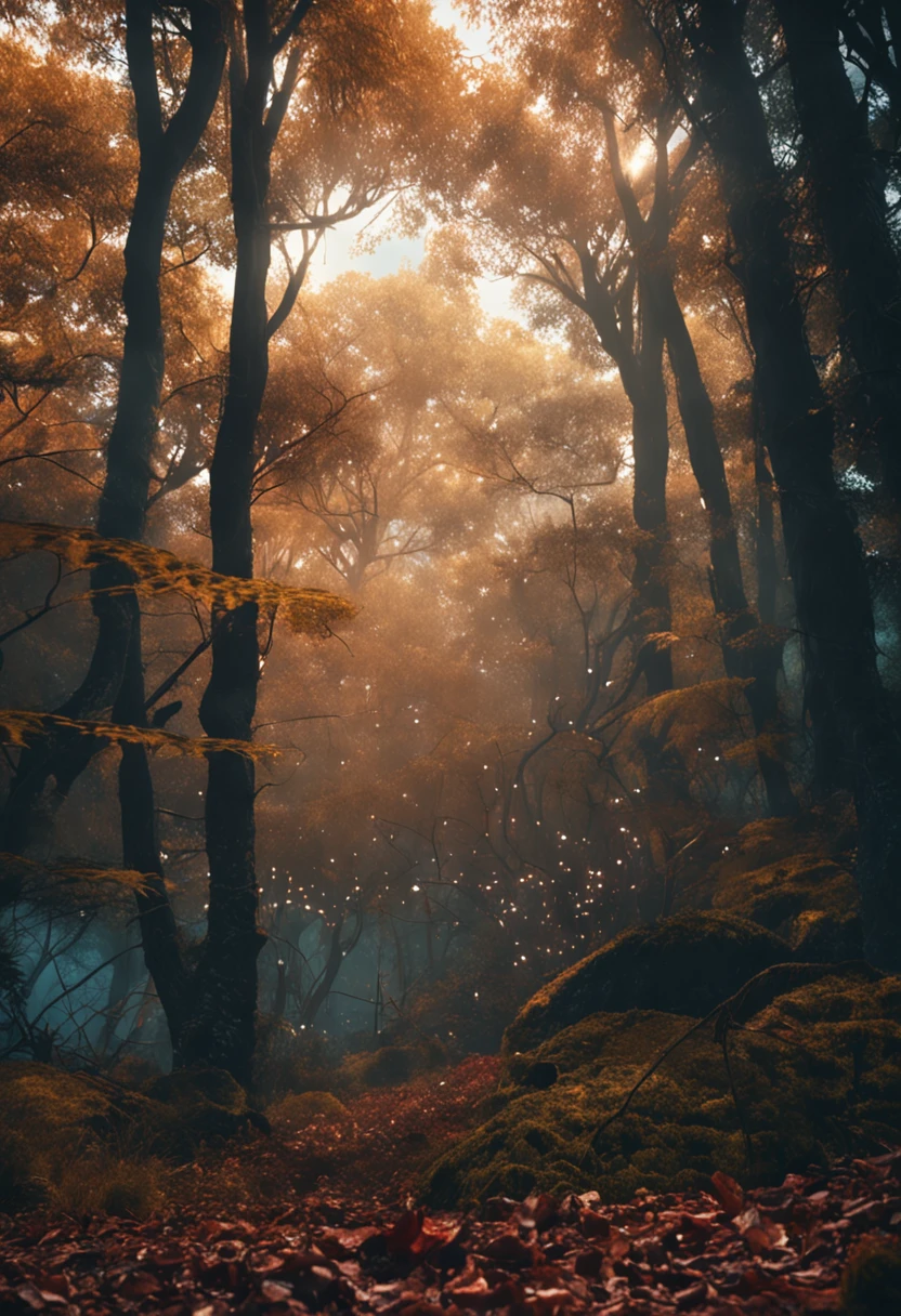 uma floresta escura com um cristal brilhante