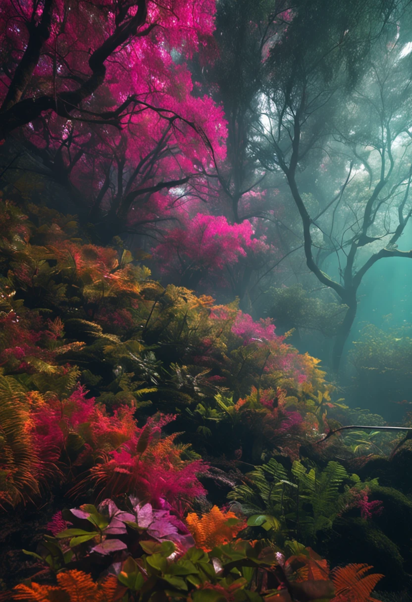 uma floresta escura com um cristal brilhante