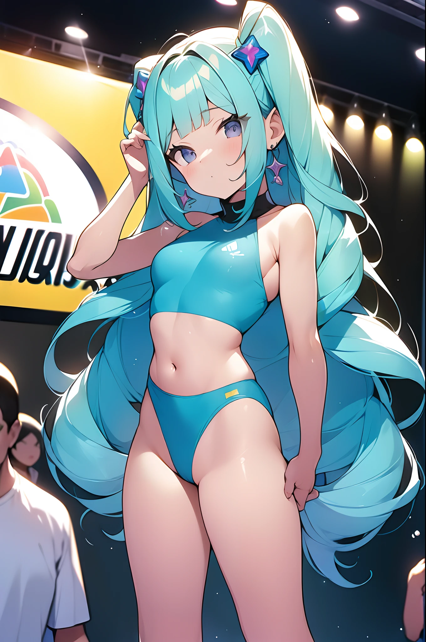 (obra maestra) (La mejor calidad) (Cara perfecta) Una chica vestida al estilo seapunk y con una llamativa peluca de un color muy brillante y llamativo. She's on stage at a comic convention., Hay buena luz. She is doing an exhibition. ((pechos grandes)) (cuerpo fitness)