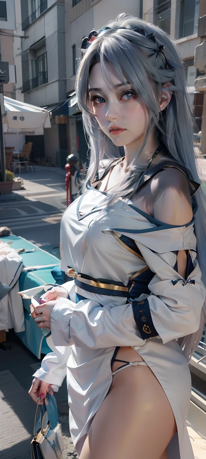 Close-up of a girl with long blue hair in a sailor's costume, an anime drawing inspired by Rei Kamoi, trending on pixiv, tachisme, Anime girl cosplay, Anime girl in real life, long white hair, Perfect white haired girl, She has a cute face, anime-inspired, She has milky white skin!!!, as an anime character,Super big breasts,exposed