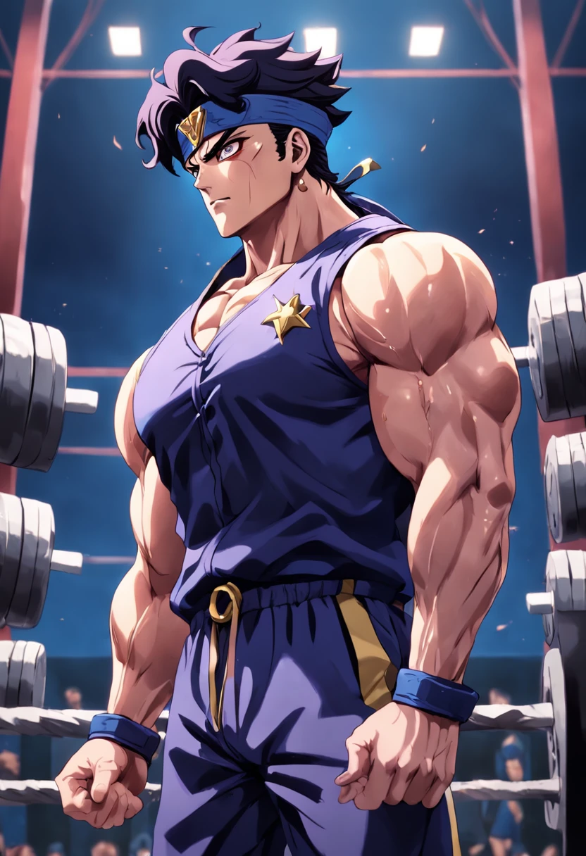a detailed illustration of Jotaro Kujo in gym clothes training intensely in a bodybuilding gym, corpo inteiro