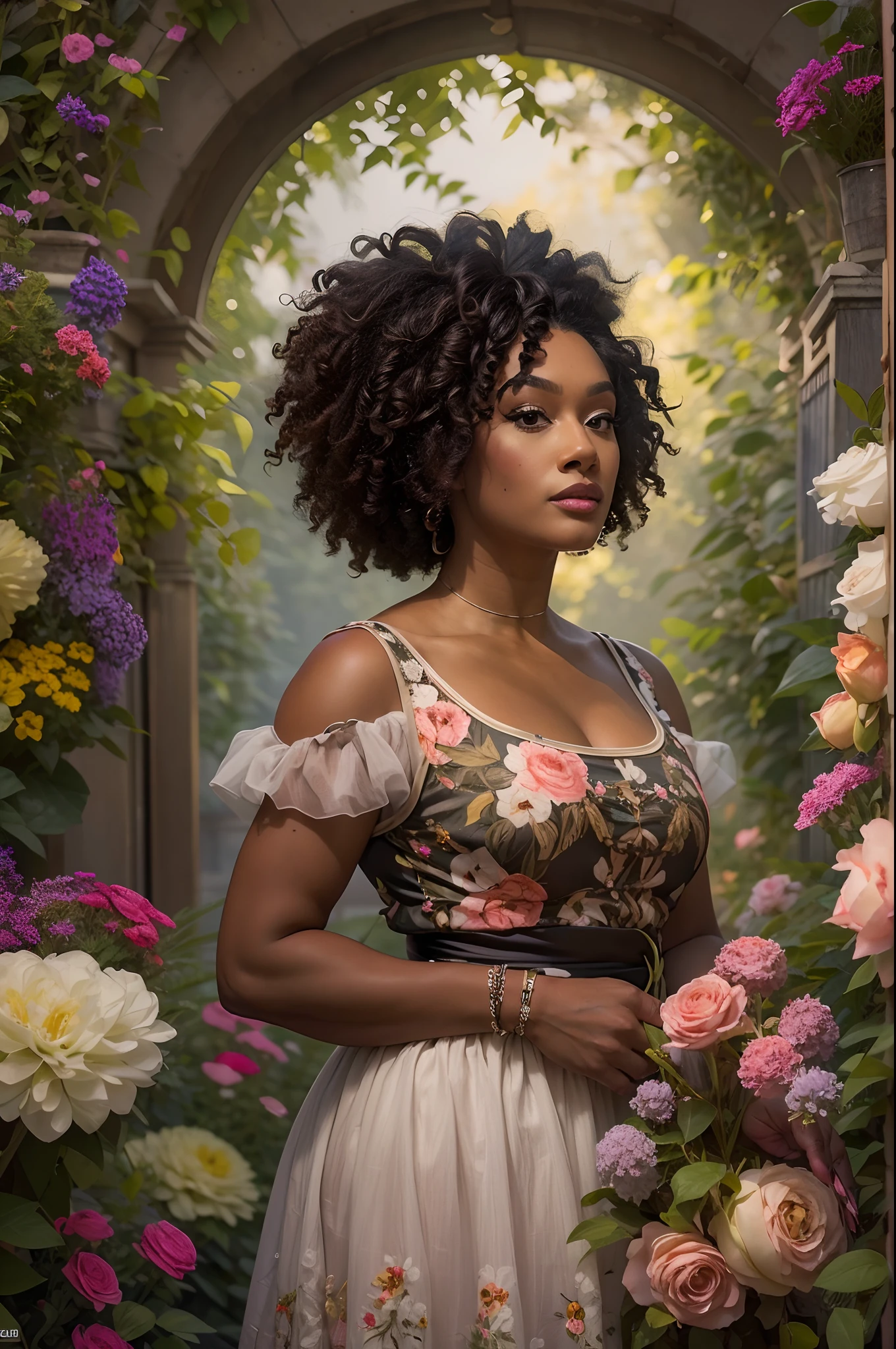 country road，Roadside wildflowers，weeds，sunrise，brilliant colorful, full body shot, fantasy, field full of purple butterflies, a stocky, beautiful, dwarf, curvy, plump, mature, 40 year old black woman, looking straight at the camera, twinkle in her eyes, fully dressed, smiling, full of joy, full body , purple dress, walking in a colorful flower field, surrounded by lots of purple butterflies, flying around her, giant purple butterflies flying over a colorful field of flowers, detailed eyes, detailed lips, long eyelashes, highly detailed, 8k, photorealistic, masterpiece, vibrant colors, dramatic lighting, fantasy, surreal, magical realism, clouds in the background