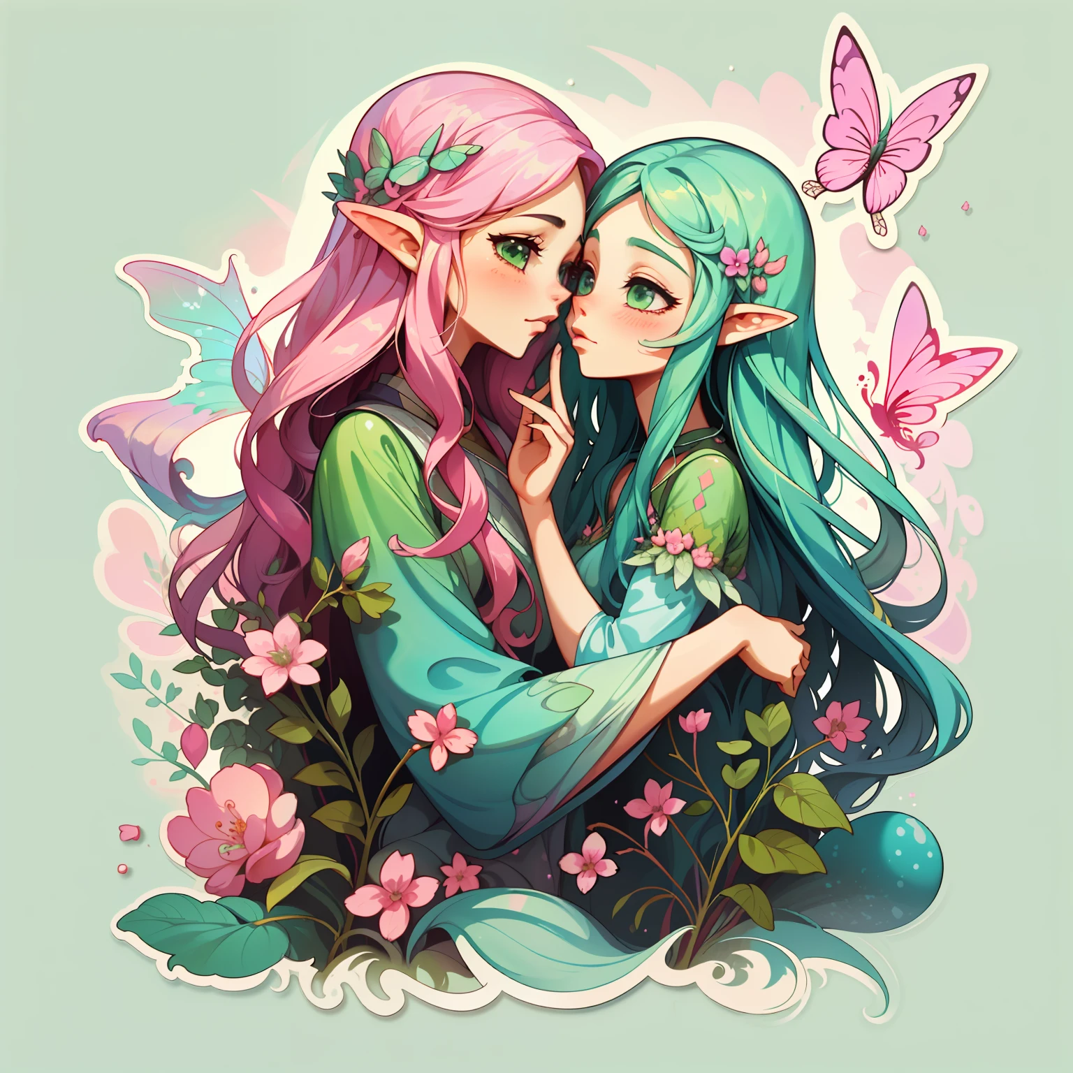 adesivo, fundo simples, portrait, 2 girls, couple, girl with long hair, beautiful fairy girl, fairy aesthetic, beautiful girl, very beautiful fantasy art, beautiful and elegant female fairy, beautiful detailed fantasy, pink and green color palate, pink color-theme