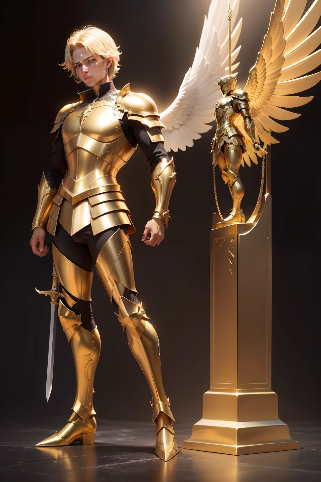 Create an angel with the appearance of a man and in the armor of a golden soldier and with a sword in his hand and wings on his back. Quero o corpo completo, Showing his feet in a golden boot. in battle position.