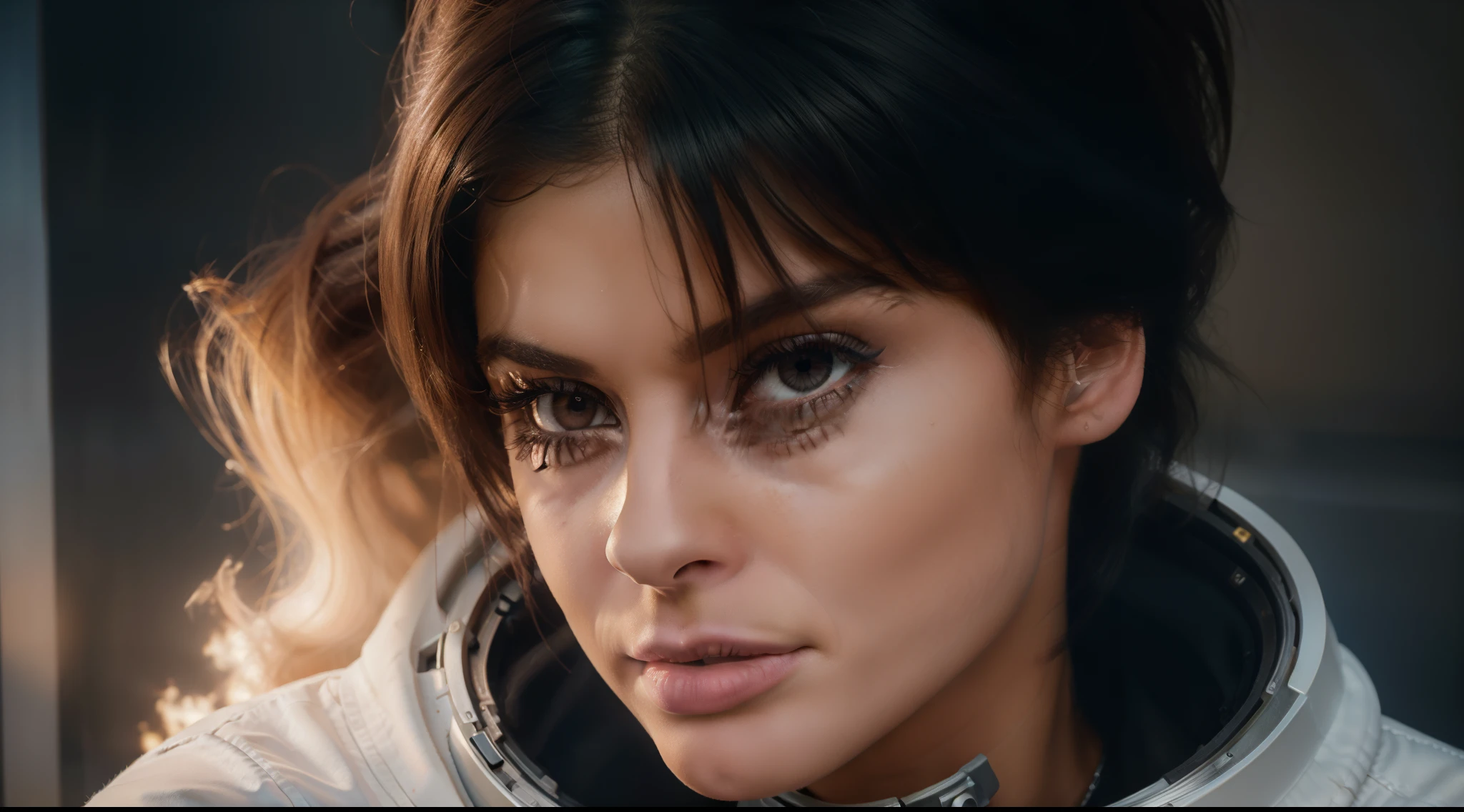 female astronaut (((bebe rexha)))  in space, beautiful face, realistic photo, (portrait), [smoke], [haze], natural lighting, shallow depth of field, photographed on a Canon EOS-1D X Mark III, 50mm lens, F/2.8, (intricately detailed, hyperdetailed), ((RAW color)), sharp focus, HDR, 4k resolution, Cinematic film