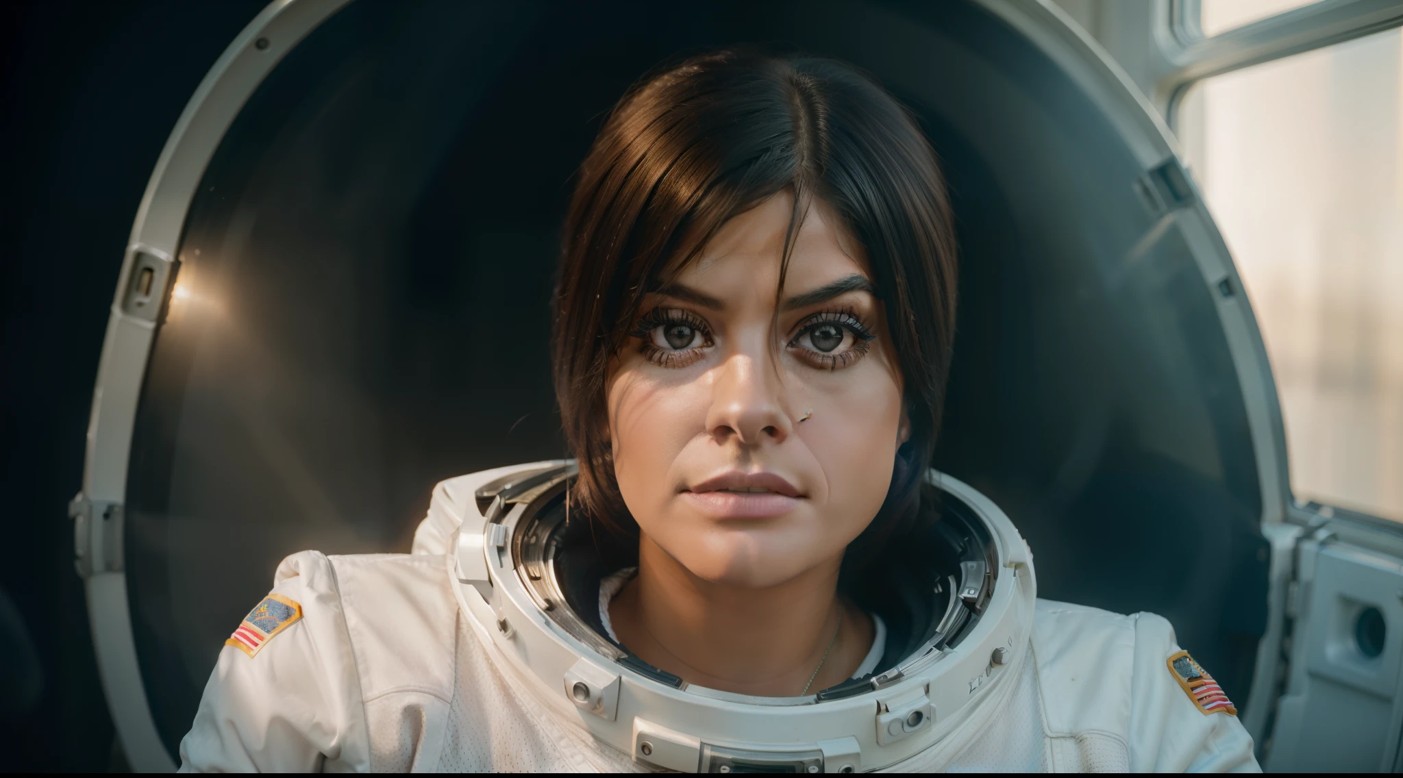 female astronaut (((bebe rexha)))  in space, beautiful face, realistic photo, (portrait), [smoke], [haze], natural lighting, shallow depth of field, photographed on a Canon EOS-1D X Mark III, 50mm lens, F/2.8, (intricately detailed, hyperdetailed), ((RAW color)), sharp focus, HDR, 4k resolution, Cinematic film