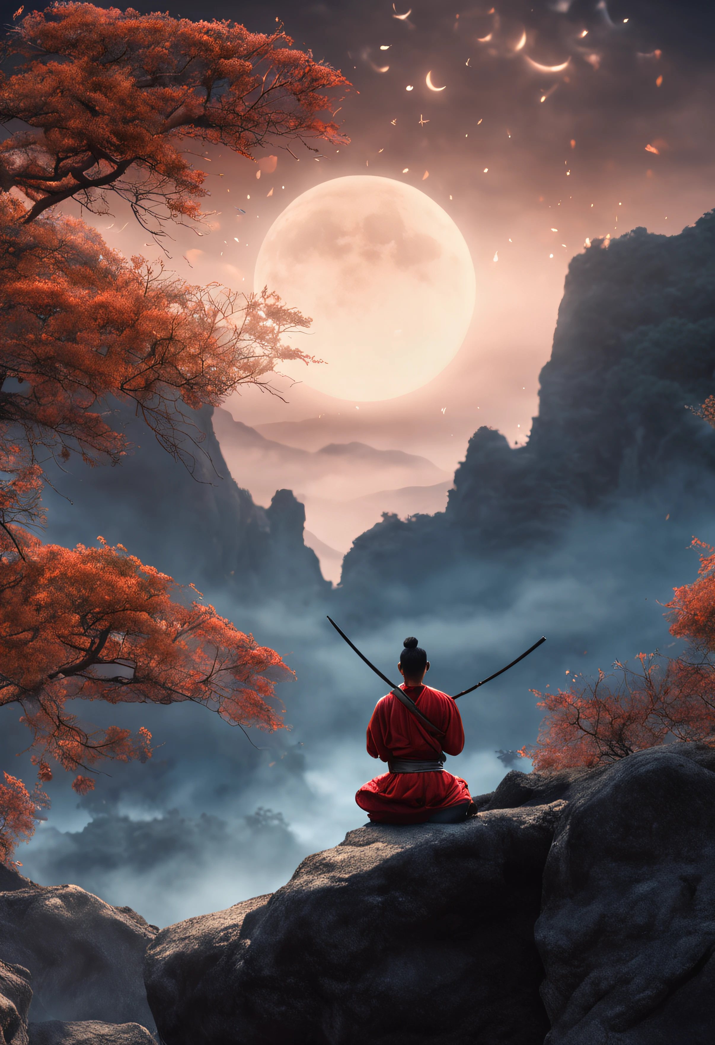 homem, samurai de meia idade meditando ao ar livre, fluttering hair moonlight scenery and blurry background (obra-prima) (8k high resolution) (melhor qualidade) (Ultra Definition) (Ultra realista)(Foto RAW) (Foto realista) (bright illumination)
