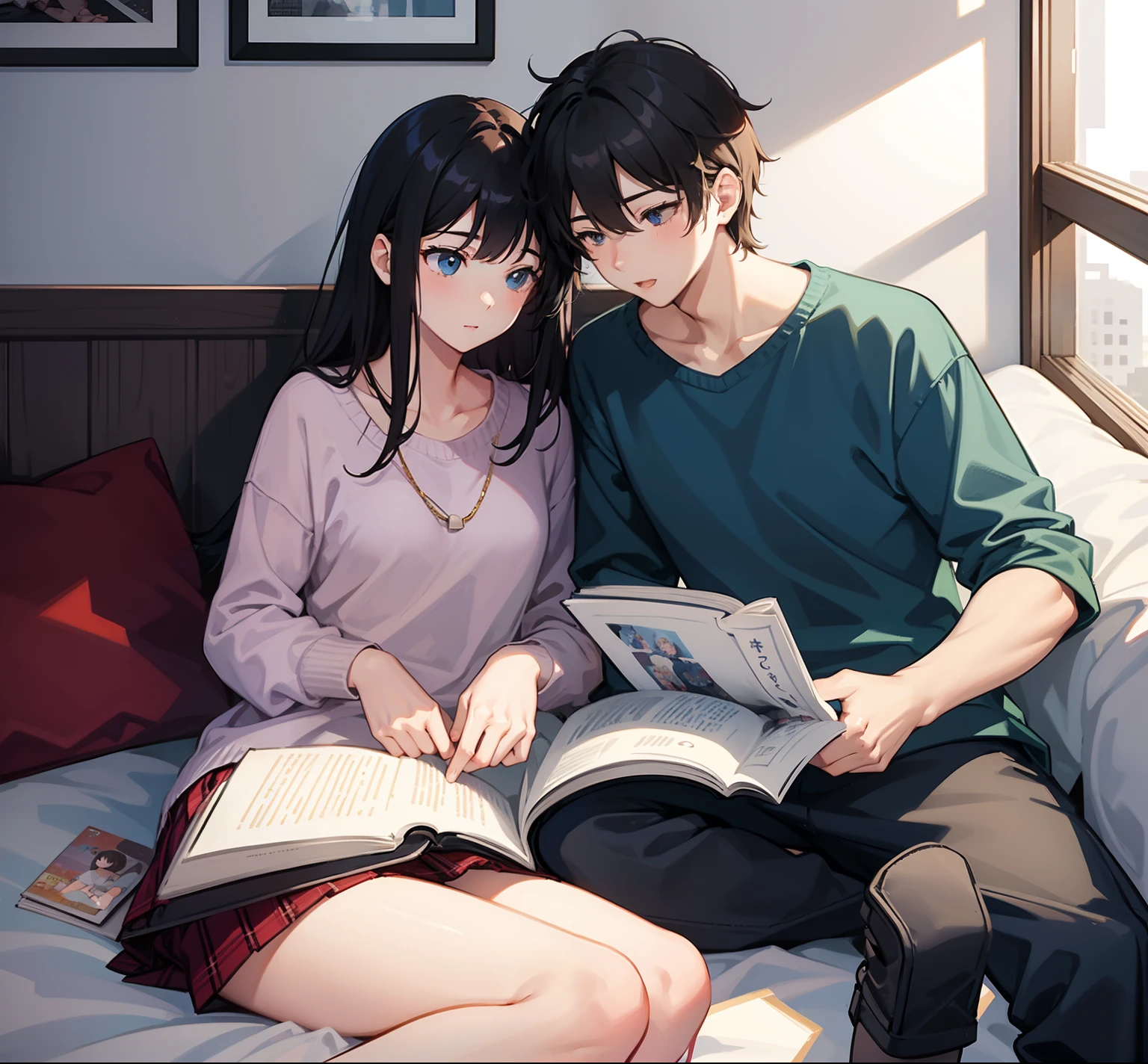 2person,1_girl_1_boy,laying_on_the_bed,reading_book_together,book,front_view