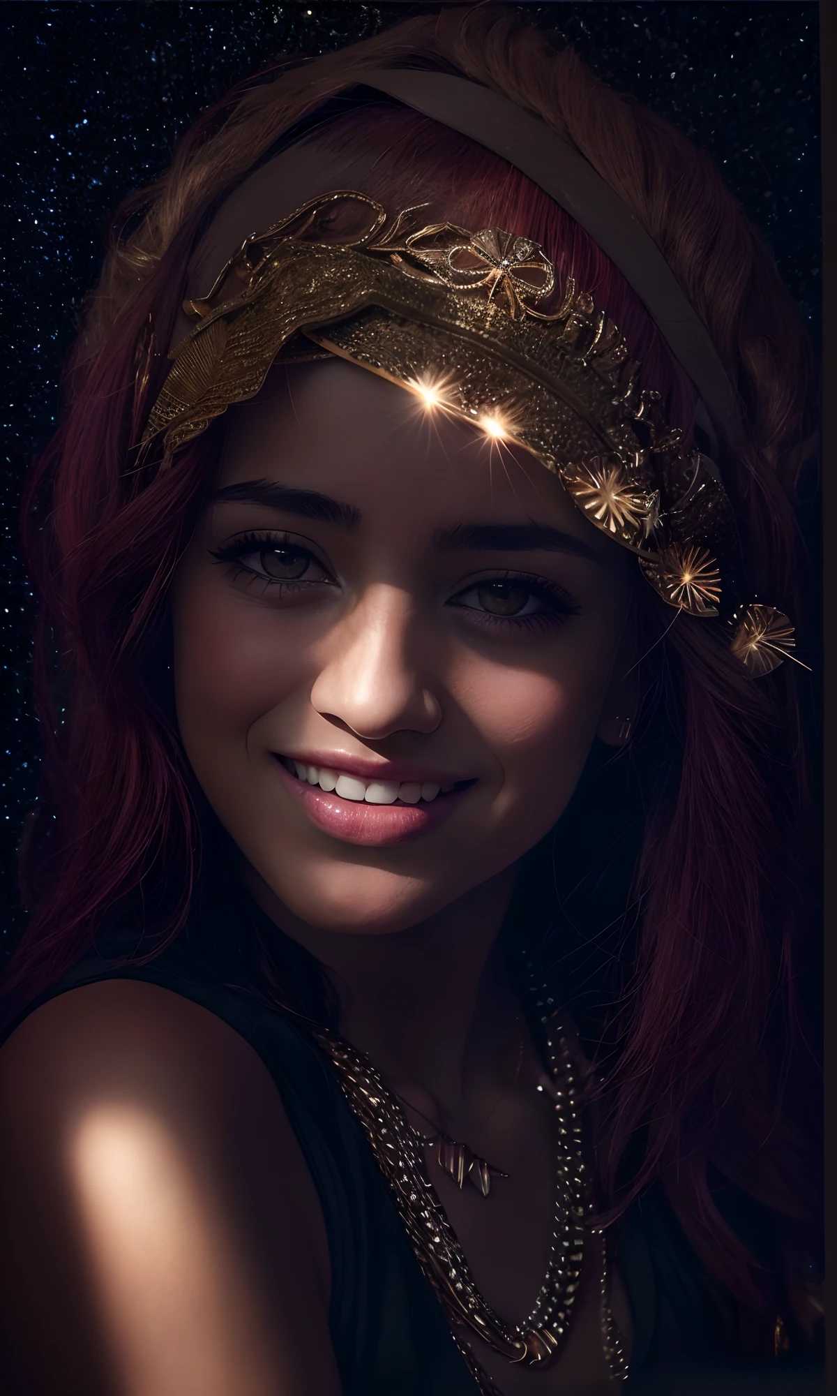 Best quality, masterpiece, ultra high res, (photorealistic:1.4), raw photo, 1girl, Arabian girl, in the dark, deep shadow, low key, cold light, teasing smile,  Necklaces, Bracelets, Hair Accessories, Earrings, Headbands, pub,  bar, night, Dubai,