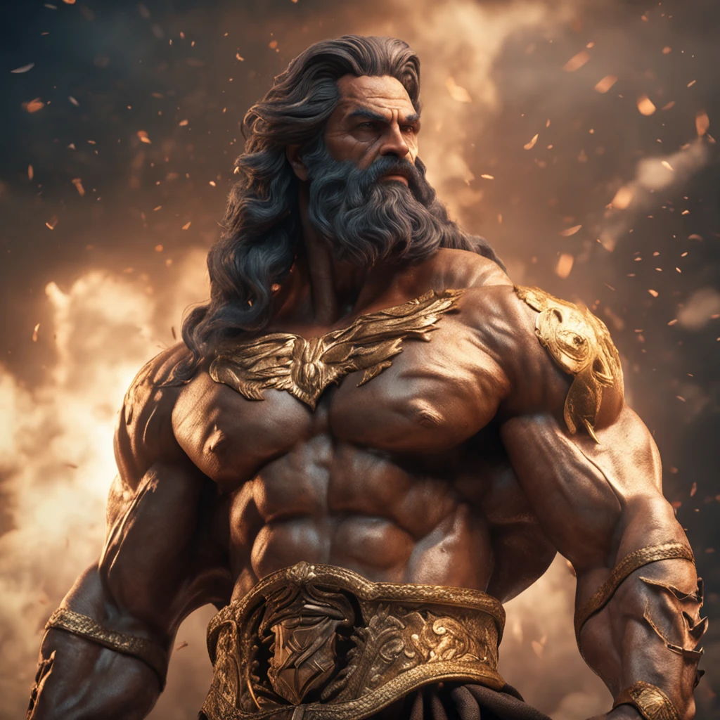 cinematic image of zeus ,very muscular imposing pose ,inspired by greek characters ,detailed background ,8k,super detailed,inspired by stoicism characters