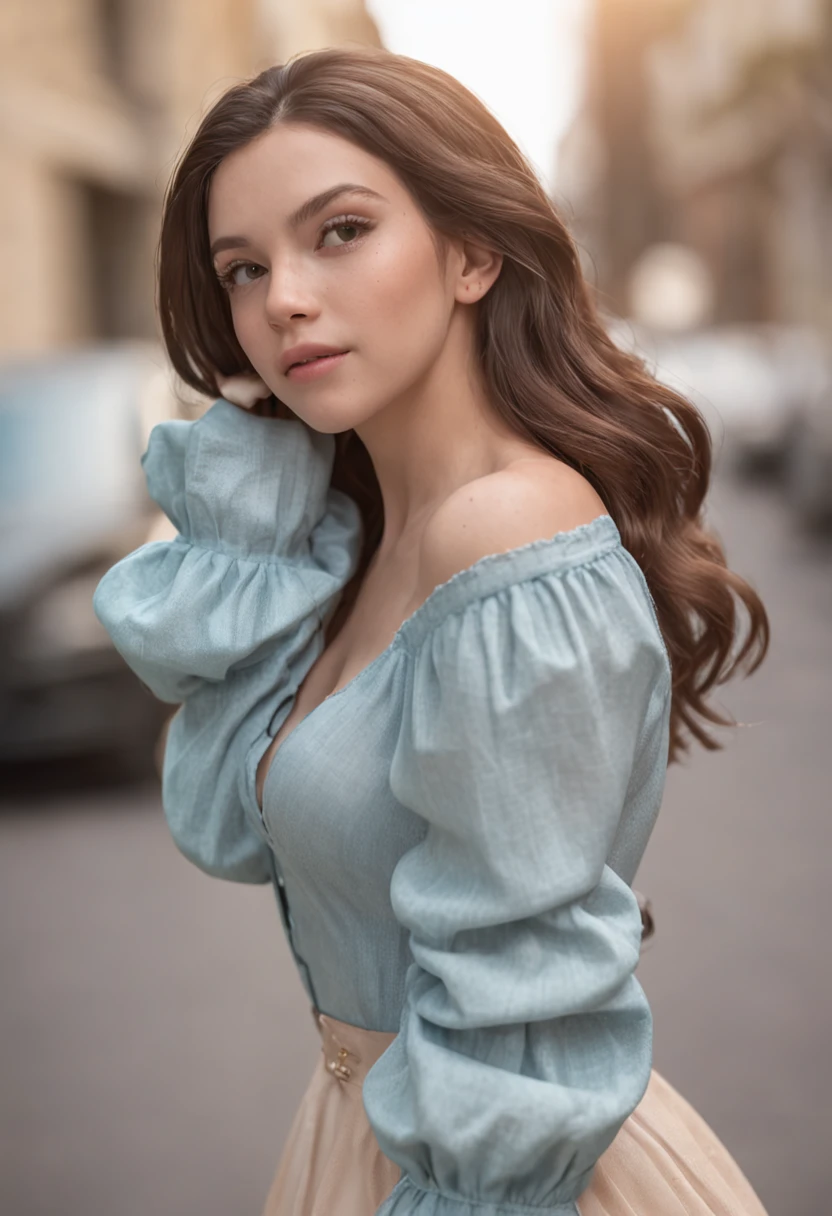 photo of a beautiful woman looking into camera, shoulder, hair ribbons, half body portrait, pastel colors, autumn lights