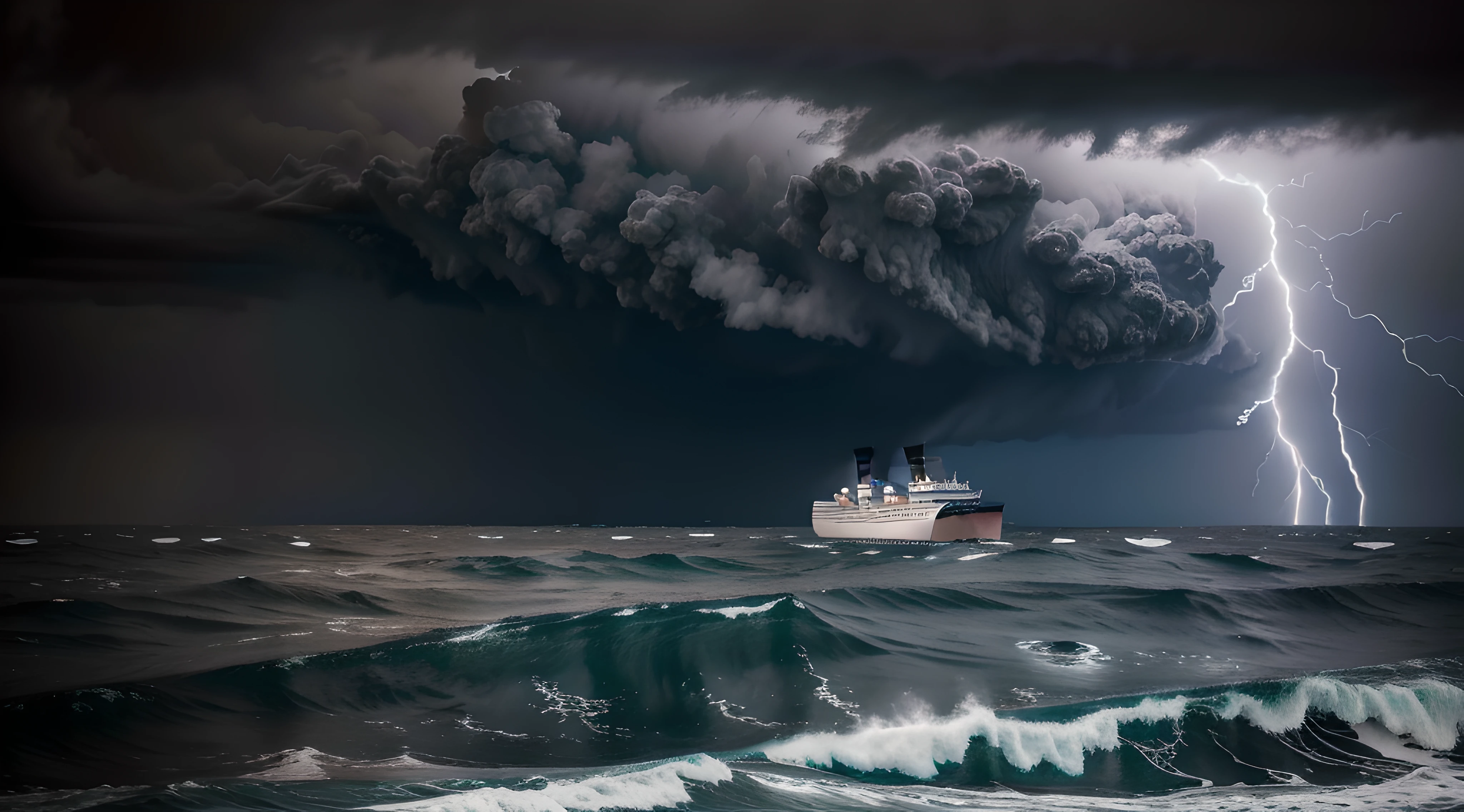 "Generate an ultra-high definition image depicting the Titanic tilting precariously on its sides in the midst of a colossal storm. Utilize advanced composition techniques to frame the ship diagonally within the image, emphasizing the dramatic tilt and the chaotic motion of the ocean waves.
Position the camera at a dynamic angle that captures the Titanic's vulnerability, showcasing the sheer scale of the ship and the enormity of the storm. Utilize a wide-angle lens to encompass both the ship and the vast expanse of the turbulent sea.
Employ a fast shutter speed to freeze the motion of the waves in mid-crash, capturing the immense power of the storm. Utilize diffused lighting to highlight the texture of the water, allowing the waves to stand out against the dark, stormy backdrop.
Experiment with exposure settings to capture the contrast between the Titanic's illuminated areas and the dark, stormy sky. Enhance the image's color palette to emphasize the cold, muted tones of the ship's hull and the deep blues and grays of the stormy sea.
Incorporate the lightning flashes into the composition, creating a dynamic interplay of light and shadow that accentuates the drama of the scene. Implement post-processing techniques to refine the image's contrast, sharpness, and color balance, ensuring that every detail, from the ship's portholes to the crashing waves, is rendered in breathtaking clarity.
Ultimately, capture a harrowing moment of the Titanic's plight, inviting viewers to experience the intensity of the storm and the ship's tragic fate in an image that conveys the enormity of the disaster."
