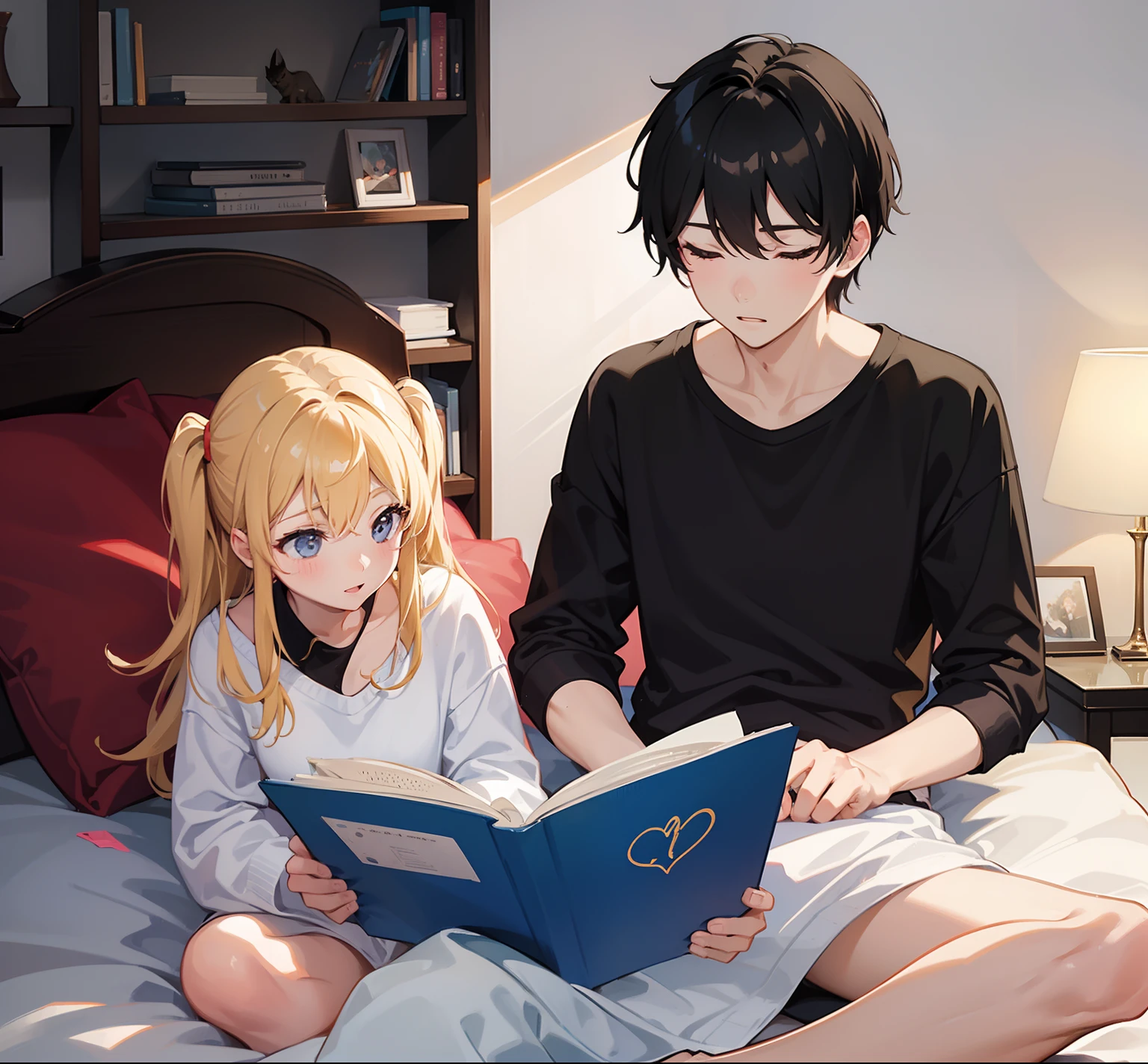 2person,1_girl_1_boy,laying_on_the_bed,reading_a_book_together,1book,front_view