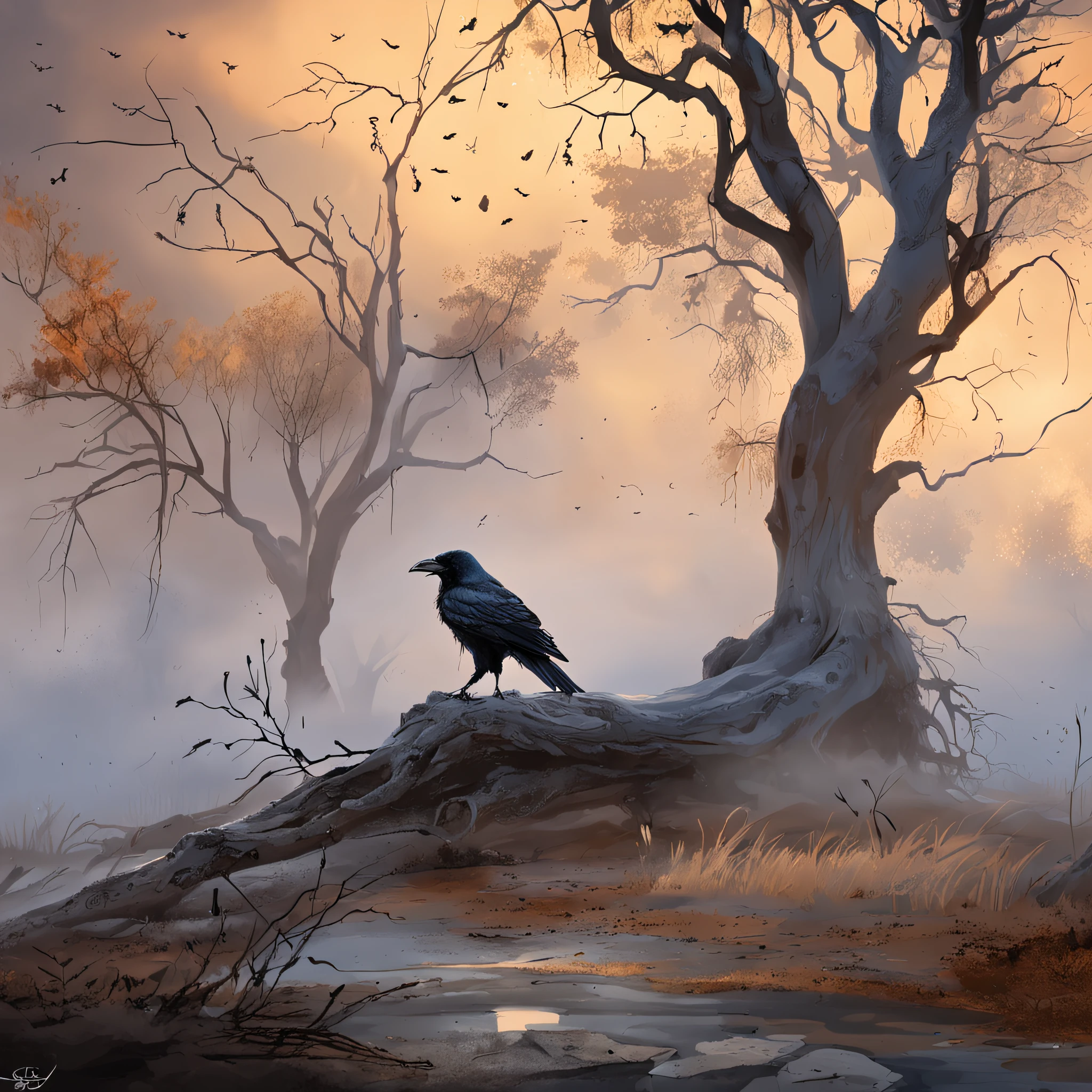 Two crows on a dead tree, A shadow shaped like a walker, Starry night, Thick fog on the ground, Blue light on the horizon, Unreal Engine 5, Cinematic, low angle photography, Motion blur, Depth of field, Dust, Cobblestones and dirt. Splash Art, dripping paint. Perfect color grading. Influenced by Karel Appel and Jeremy Mann, Full of dramatic and threatening scenes, Hyper-detailed, Beautiful, insanely details, Intricate details, editorial photography, shot with a 50mm lens, Depth of field, Tilt Blur, Shutter speed 1/1000, f/22. Lightmaps, Super bright