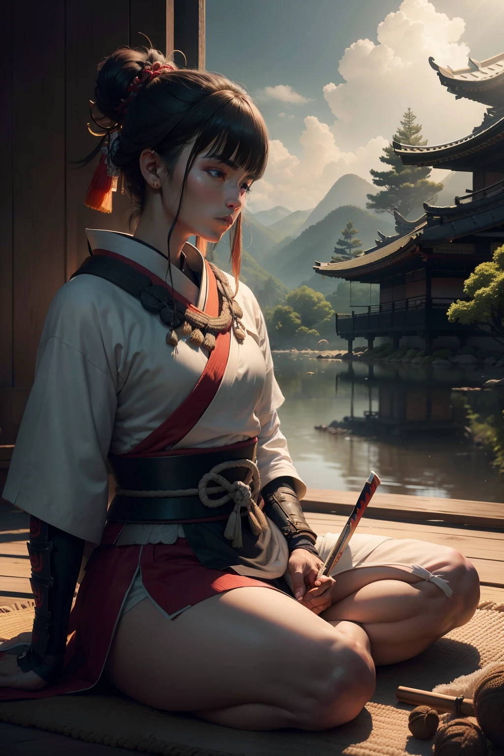 SAMURAI REALISTA MEDITANDO DE JOELHOS  (obra-prima) (8k high resolution) (melhor qualidade) (Ultra Definition) (Ultra realista)(Foto RAW) (Foto realista) (bright illumination)