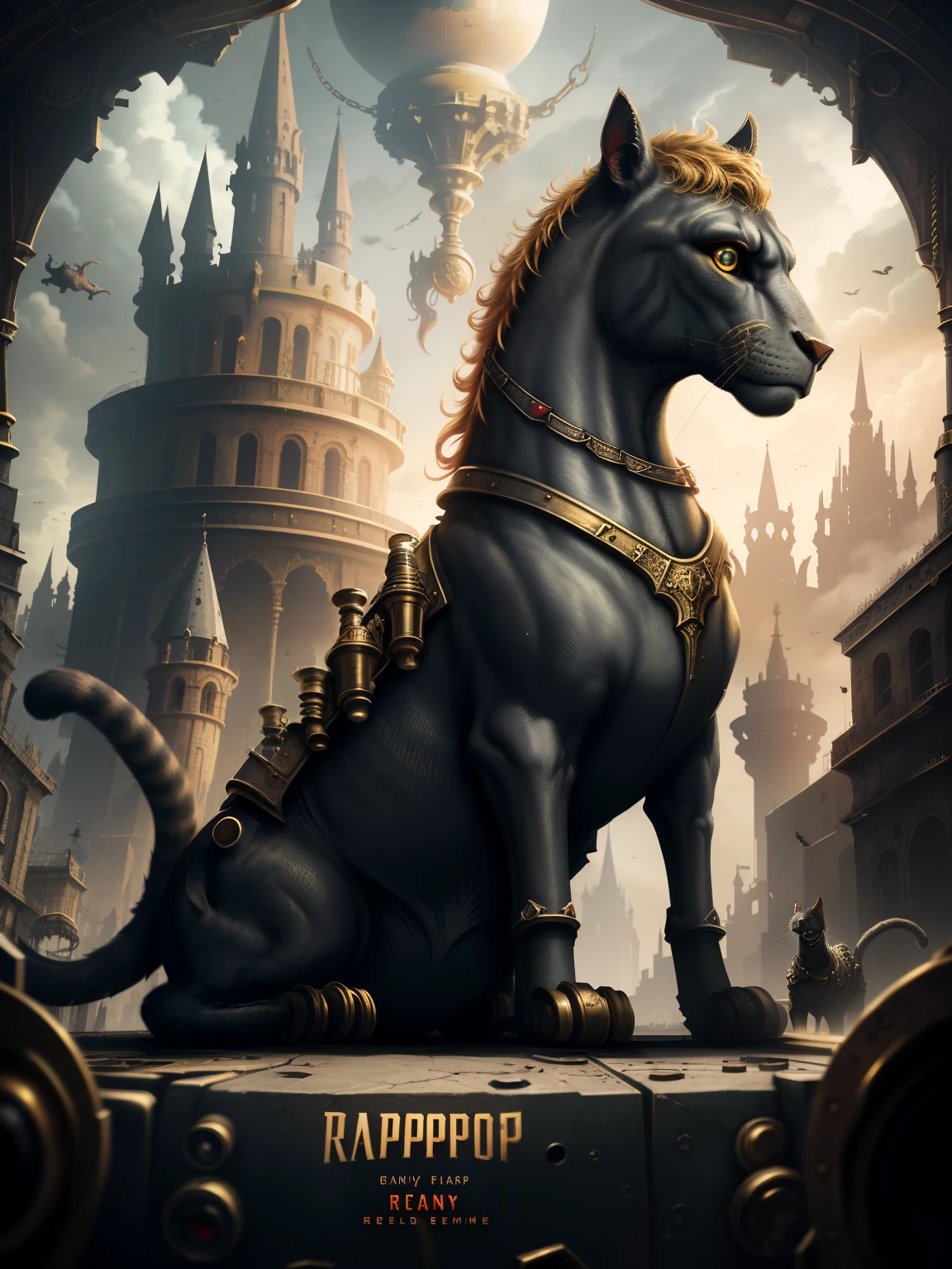 Complex,Extremely rich in detail,Huge hourglass,Golden horse,Very many red pipes,Shabby look,Detailed picture,looking down on the camera,rampage,Eye discharge,8K,Highly accurate,The cat heads up,Parts exposed。