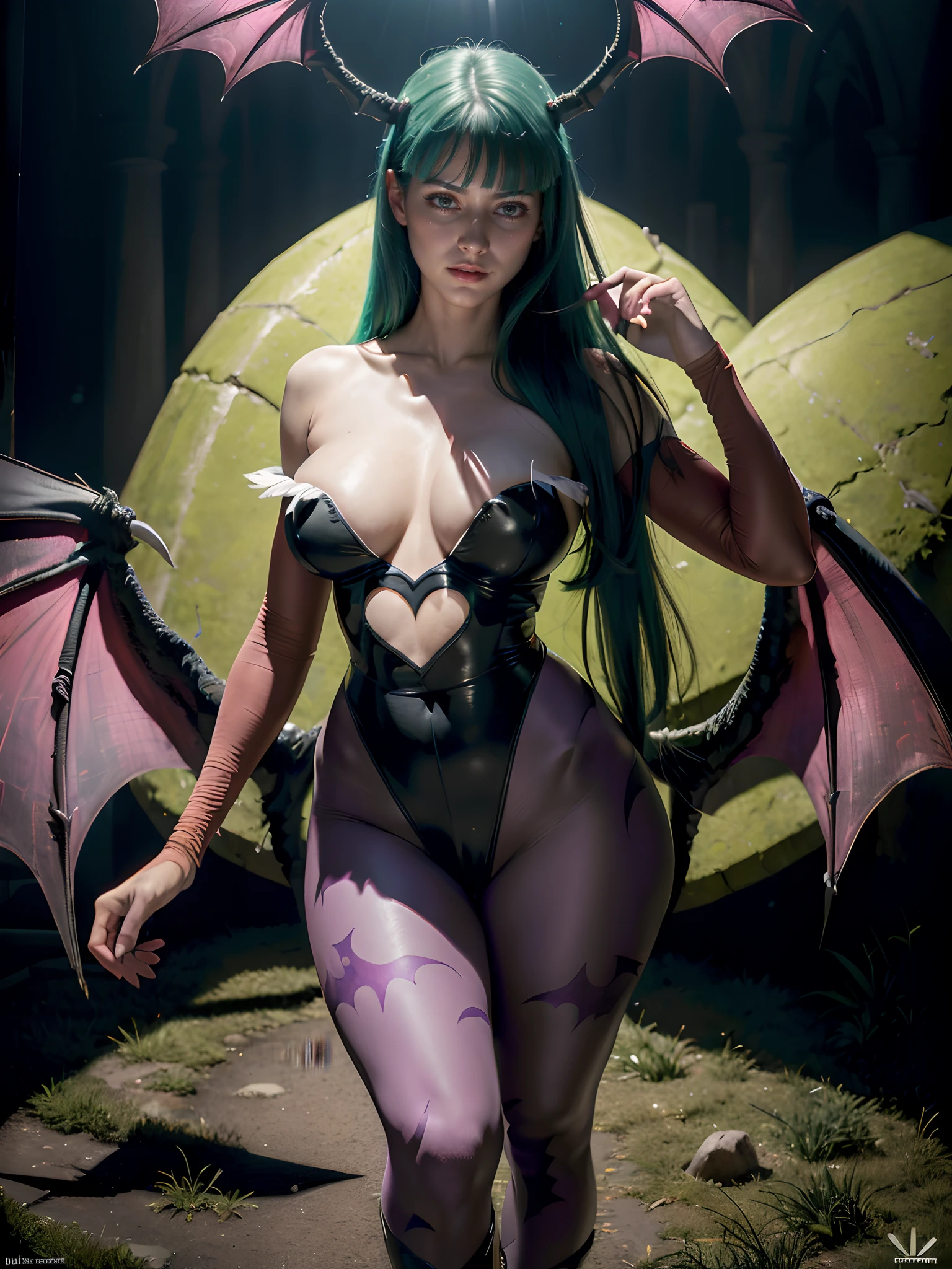 ((Masterpiece)), (high resolution:1.4), (full body:1.2), (standing:1), morrigan aensland, looking at viewer, beautifull smile, graveyard at night background, dark casttle outside, beautiful face, highly detailed skin, skin pores,(highly detailed face:1.1), (highly detailed eyes:1.1), realistic pupils, full face blush, full lips, (perfect anatomy:1.1), (perfect proportions:1.1), (photography:1.1), (photorealistic:1.1), volumetric lighting, dynamic lighting, real shadows, (highres:1.1), sharp focus, rembrandt lighting, (realistic, hyperrealistic:1.4), intricate, high detail, dramatic, subsurface scattering, big depth of field, vivid, polished, sharpened, ((full Sharp)), (extremely absurdres),16k hdr,