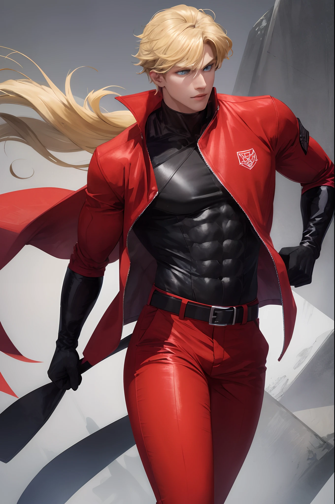 create a blond hero with bright blue eyes, well-muscled, who wears black gloves and boots, a black belt, red pants, and a red shirt with an open hand design