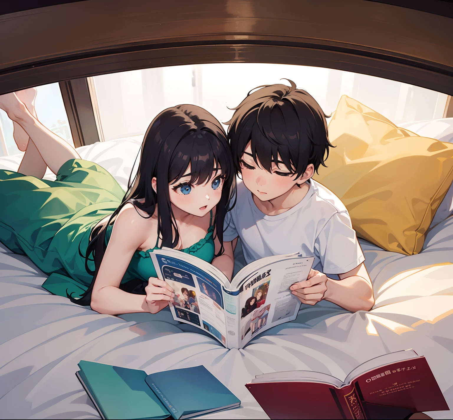 2person,1_girl_1_boy,laying_on_the_bed,reading_a_book_together,1book,front_view