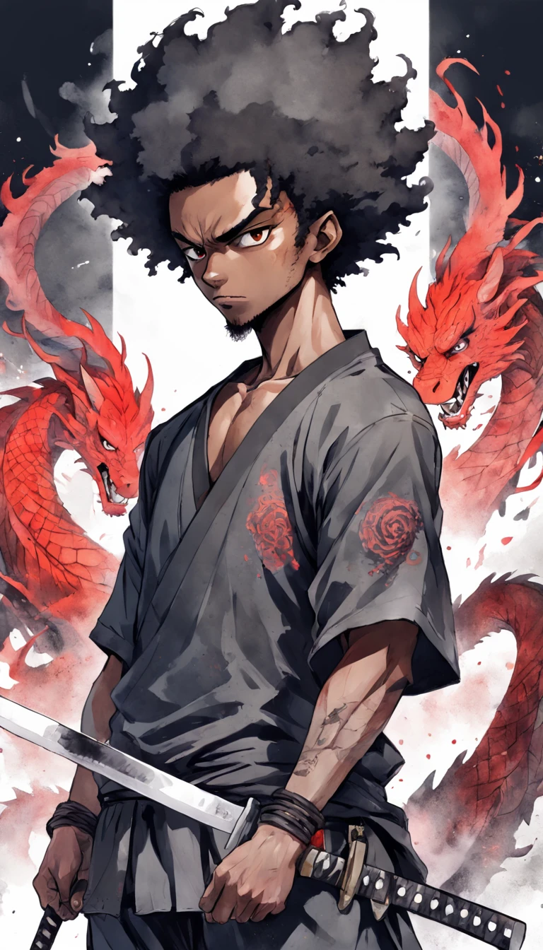 T-shirt design, illustration watercolor, center art, fierce dragon background, watercolor painting style, ))) afro samurai, samurai_ (Afro samurai anime), weapon, 1man, solo, male focus, sword, greyscale, afro hair, manly, fierce, holding, scar on face, upper body, incredibly strong, rita rossweisse, gothic colors, mood of tension and terror, Artlist_Milli-Liter, watercolor style, ink style, sketch style, hand-painted lines , Edge line, ink mark, Pencil line, vivid colors, super realistic, textured skin