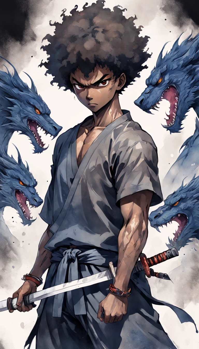 T-shirt design, illustration watercolor, center art, fierce dragon background, watercolor painting style, ))) afro samurai, samurai_ (Afro samurai anime), weapon, 1man, solo, male focus, sword, greyscale, afro hair, manly, fierce, holding, scar on face, upper body, incredibly strong, rita rossweisse, gothic colors, mood of tension and terror, Artlist_Milli-Liter, watercolor style, ink style, sketch style, hand-painted lines , Edge line, ink mark, Pencil line, vivid colors, super realistic, textured skin