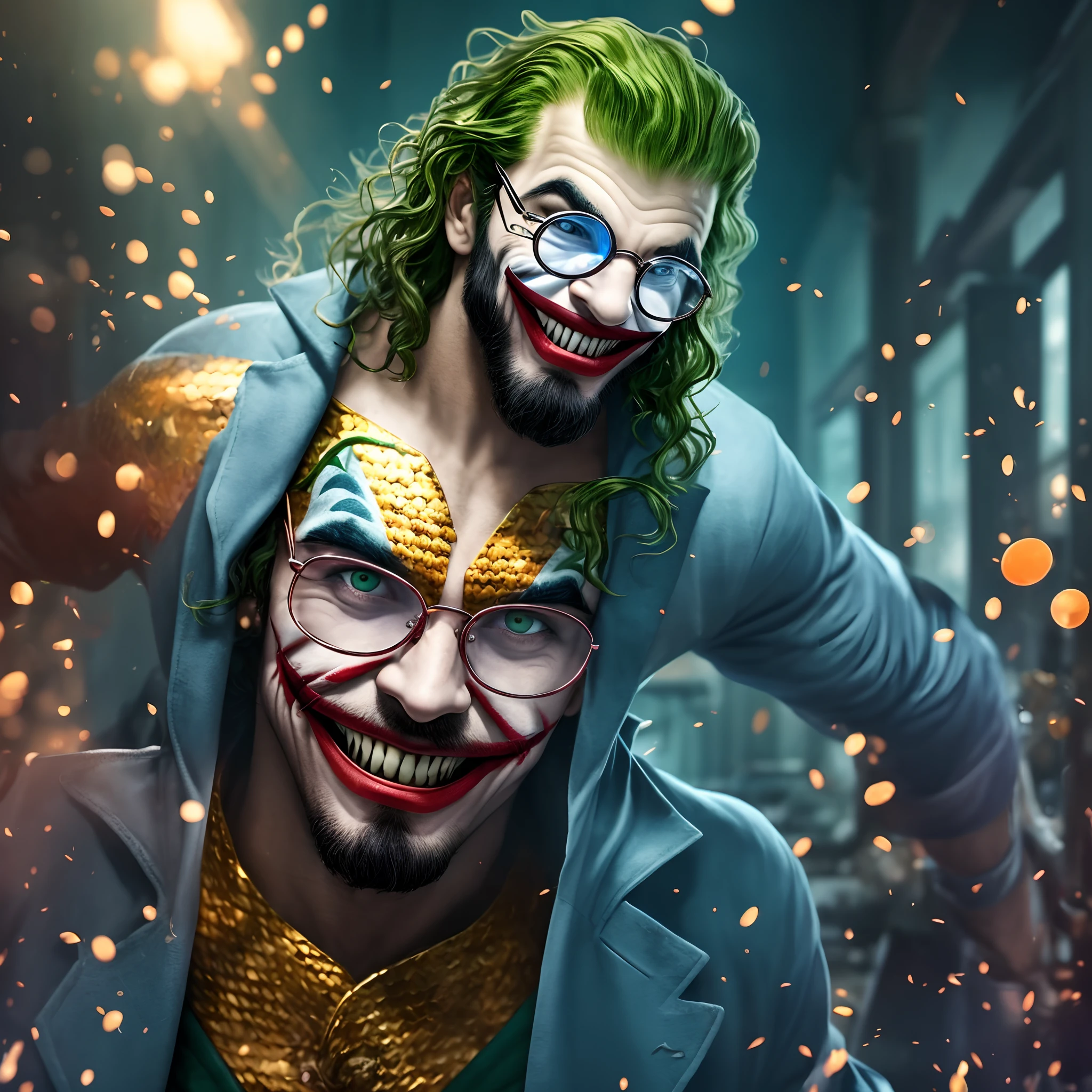 Fighting in a laboratory. Villain, scientist with dark glasses, big beard and joker smile, laboratory background Boy, 11 years old, dark skin tone, curly hair, red, aquaman, background, blue, sea --auto --s2