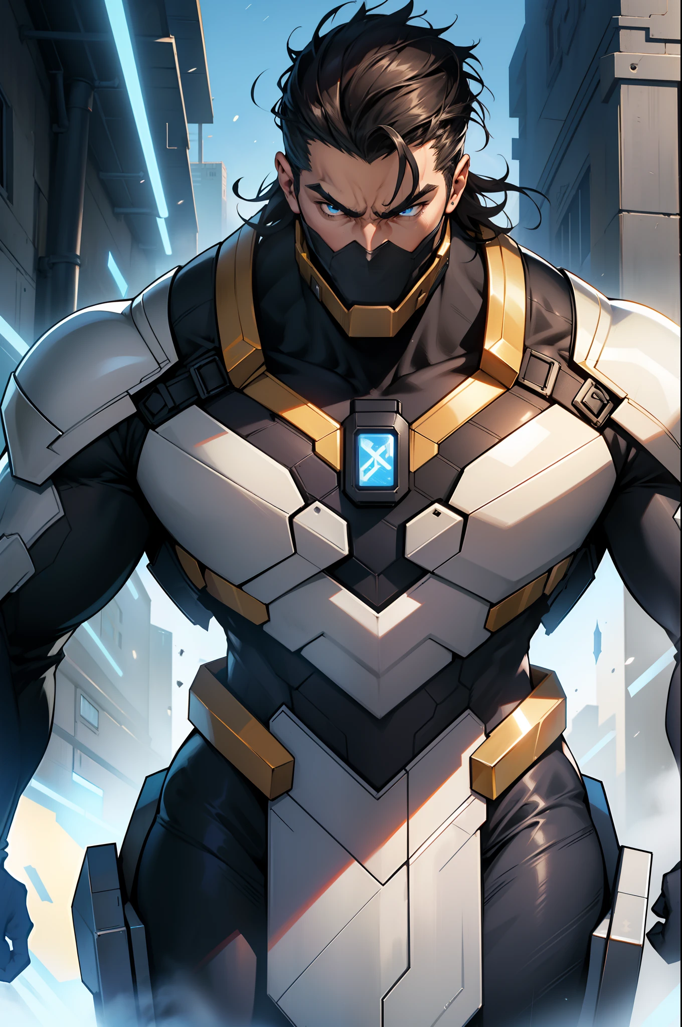 He stands with a muscular build and towering height, his dark hair tousled yet commanding attention. His eyes hold a piercing and fierce gaze, accentuated by strong, determined brows above. With a tanned complexion that complements his rugged charm, his square jaw exudes a sense of unwavering determination. Adorned in a tight-fitting, metallic suit that gleams with an air of advanced technology, it seamlessly integrates with his form, revealing a mechanized arm housing a powerful cannon. The suit's intricate details hint at its complexity, while his imposing stance and commanding demeanor make it clear that he's a force to be reckoned with in any setting.