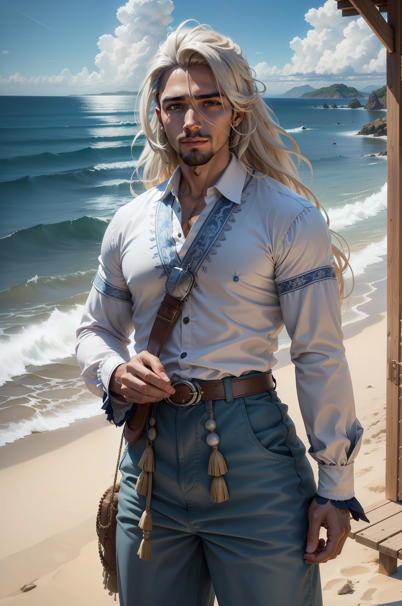 ultra detalhado, HDR, 8k, melhor qualidade, obra prima, homem caucasiano, masculino, super realista, extremamente detalhado, cabelos loiros curtos, manto brancos, saia branca angelical, angelic pants, pupilas azuis, mangas compridas brancas, luminosity of the sky, nuvens realistas, De olho no espectador,