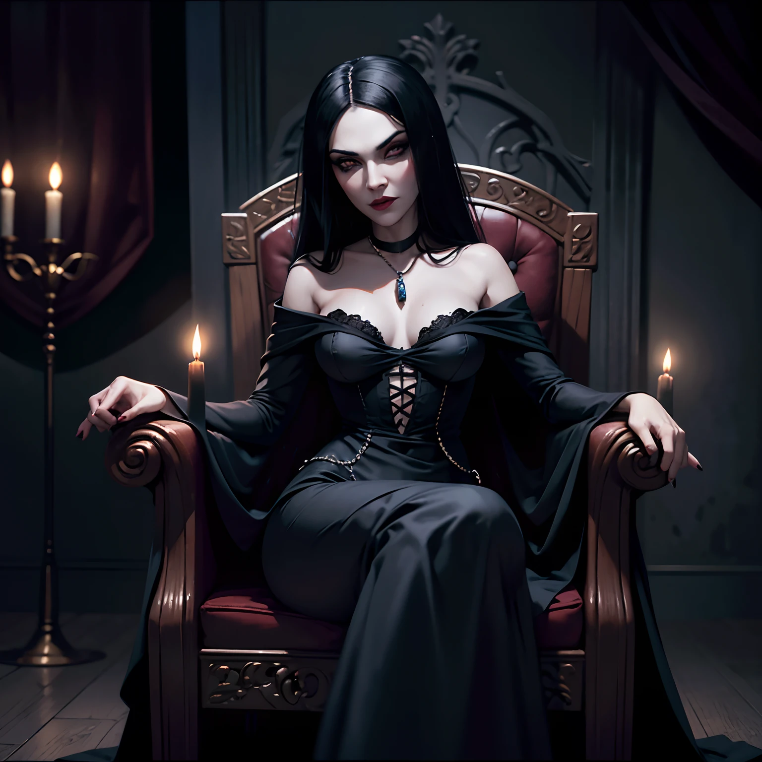 Vampira, olhos roxos, vestido negro, mulher bonita e elegante, roupa sem ser vulgar. Sentada em em um trono com as suas sombras se movendo, She's in a dark room with little candlelight. Desenho realista . --auto
