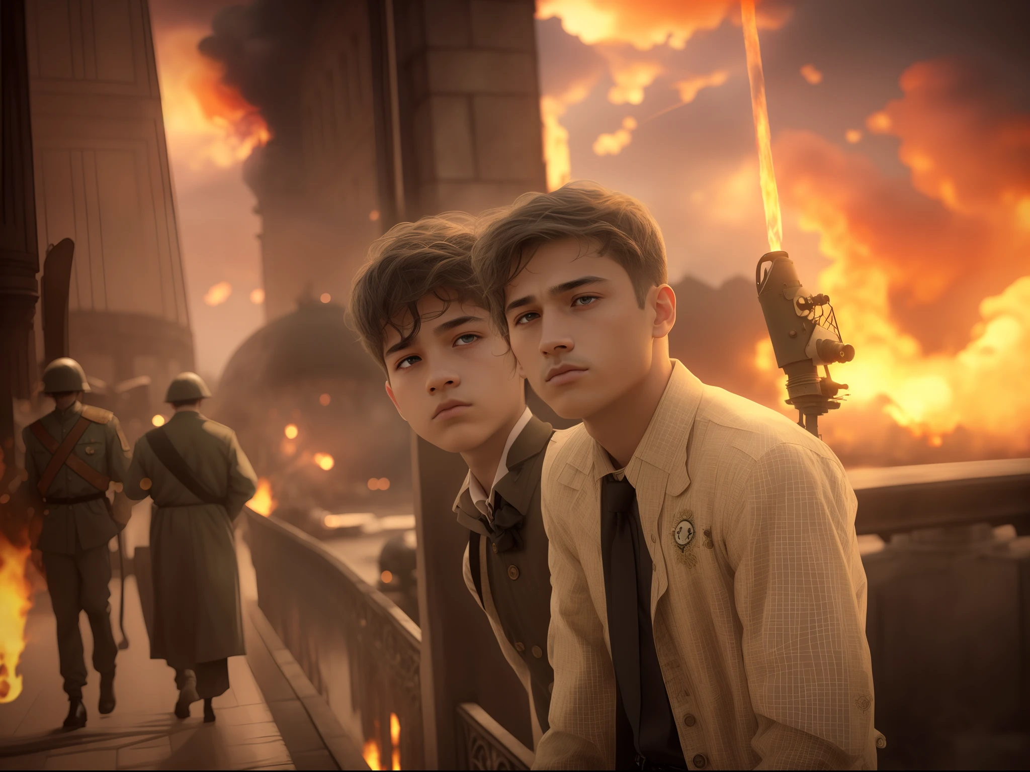 masterpiece,best quality, illustration,{beautiful detailed boy},beautiful detailed glow,(flames of war:1.2),(nuclear explosion behide:1.3),rain,detailed lighting,detailed water,(beautiful detailed eyes:1.1),expressionless,palace,azure hair,disheveled hair,long bangs,hairs between eyes,(whitegrey dress:1.1),black ribbon,white bowties,midriff,big forhead,blank stare,flower,long sleeves