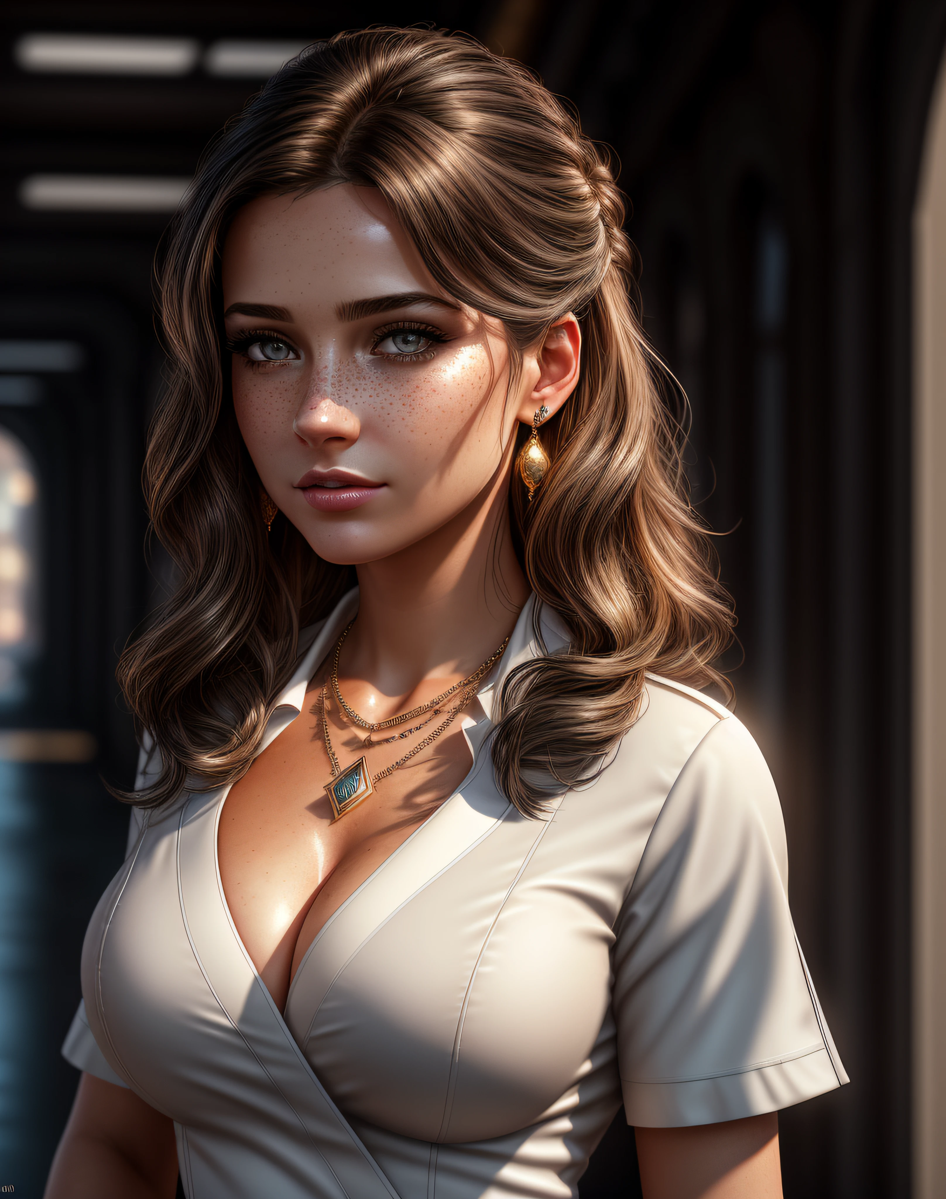 (8k, RAW photo, highest quality),(epic realistic:1.5), a girl, dynamic posture, Detailed face, blouse,(detailed eyes:0.8),(looking at the camera:1.4), (highest quality), (best shadow), intricate details, cinematic,((skin:1.4)), interior, dark studio,(hdr:1.5), detailed, muted colors, freckles, silver necklace, silver earring, long flowing wavy hair, smooth hair, hair down, hair back ((Magazine catalog page with word description paragraphs)),ultra detailed photograph of beautiful woman, ((white and black uniform scrubs as a sales woman)), golden jewelry, shiny, sunlight fractal details, (Anna Steinbauer:1.20), depth of field, HOF, hall of fame, detailed gorgeous face, apocalyptic environment, natural body posture, professional photographer, captured with professional DSLR camera, trending on Artstation, 64k, ultra detailed, ultra accurate detailed, bokeh lighting, surrealism, Thomas Kinkade background, urban, ultra unreal engine, ((Pauline Voß)), ((Pascal Quidault)), ((Anna Helme)), Martina Fackova, intricate, epic, freckles, peach fuzz, detailed mascara. big boobs and big ass.