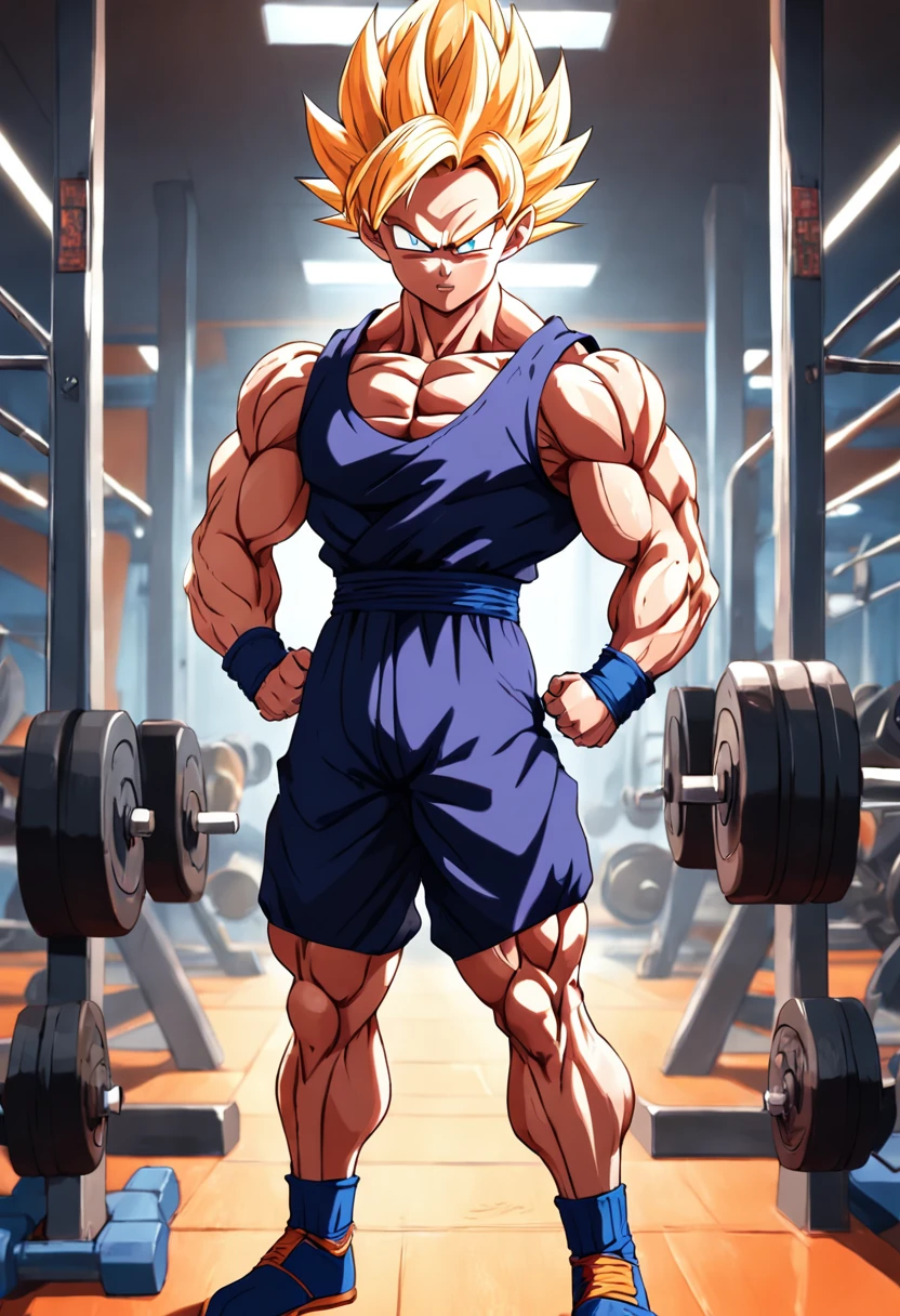 a detailed illustration by Krillin Dragon Ball Z, in gym clothes training intensely in a bodybuilding gym, corpo inteiro