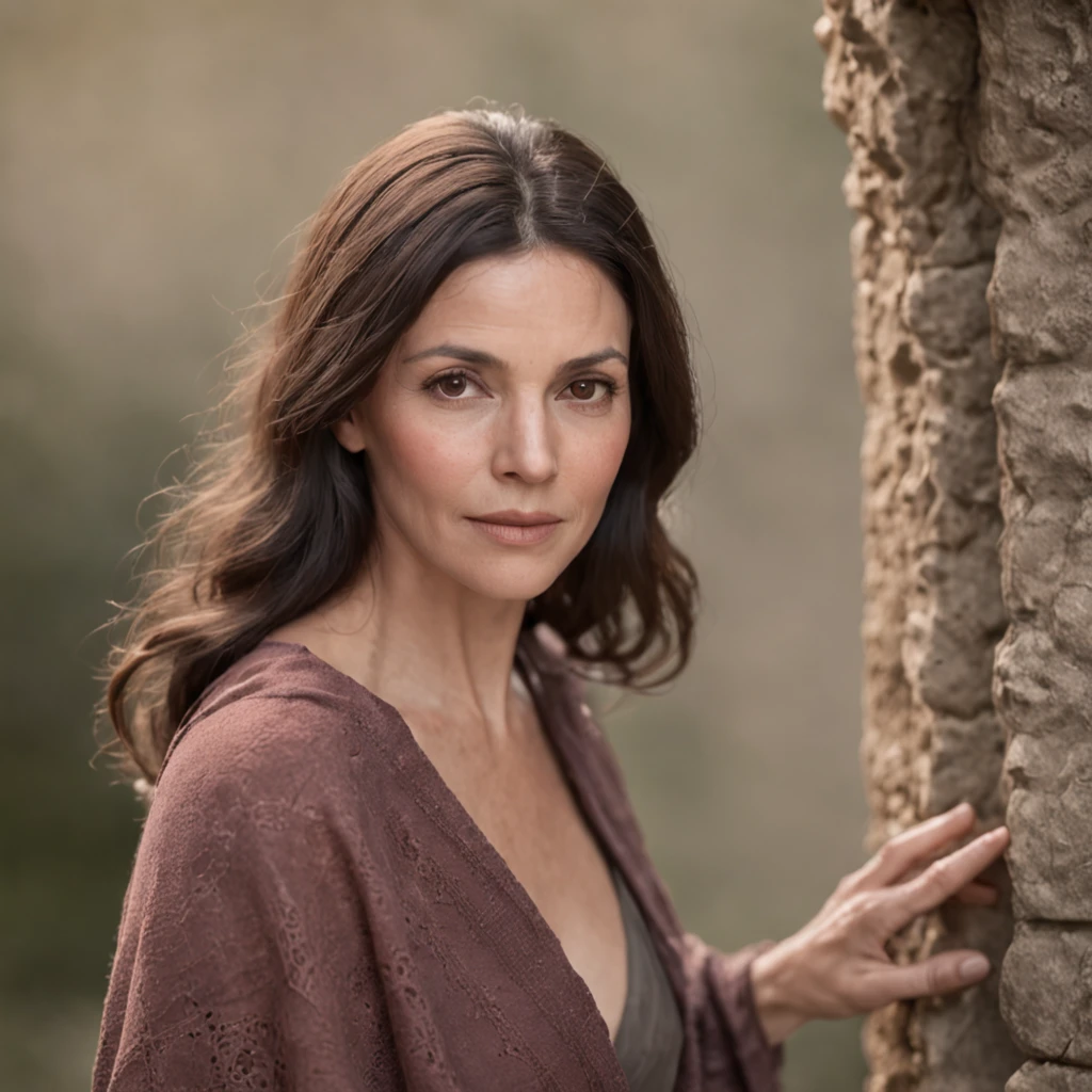 (Professional 3D rendering:1.3) de (Realistic:1.3)"Maria, a middle-aged woman with dark brown hair, wore a simple robe, carefully woven by hand, that draped softly over her shoulders. Her eyes were deep and compassionate, reflecting a wisdom that went beyond her years. Her skin was warm from the Middle Eastern sun, where she lived, and her posture was gracefully humble.

This was the setting at the time: a small village called Nazaré, set amidst olive-tree-covered hills. The village was a peaceful place, where the pace of life followed the sun, and the community knew each other well. The houses were built of stone and clay, with thatched roofs. Cobbled streets connected the houses, and a well in the center of the village was the meeting point for conversations and news sharing.